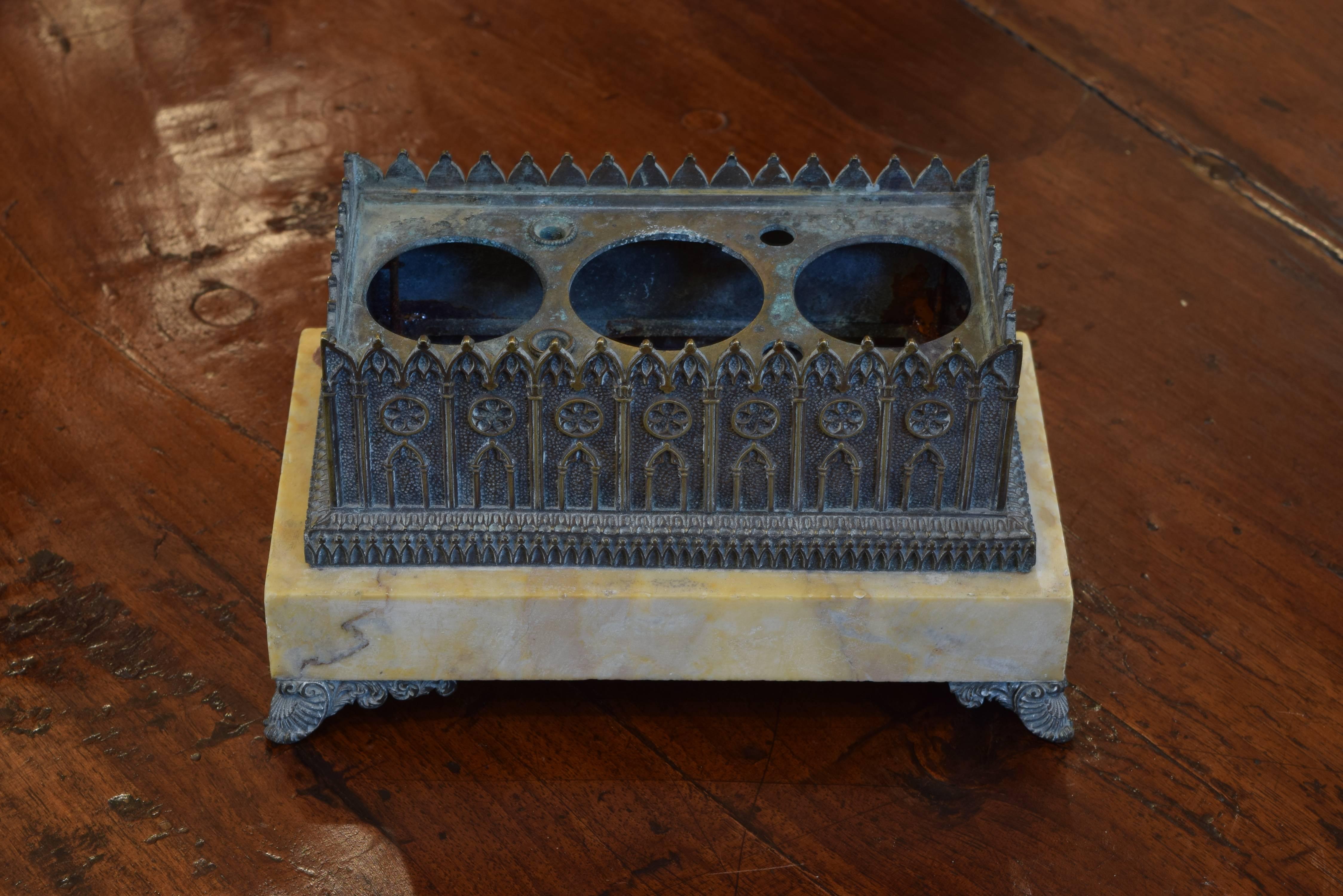 Italian Patinated Brass and Marble Architectural Model Inkwell, circa 1875 In Excellent Condition For Sale In Atlanta, GA