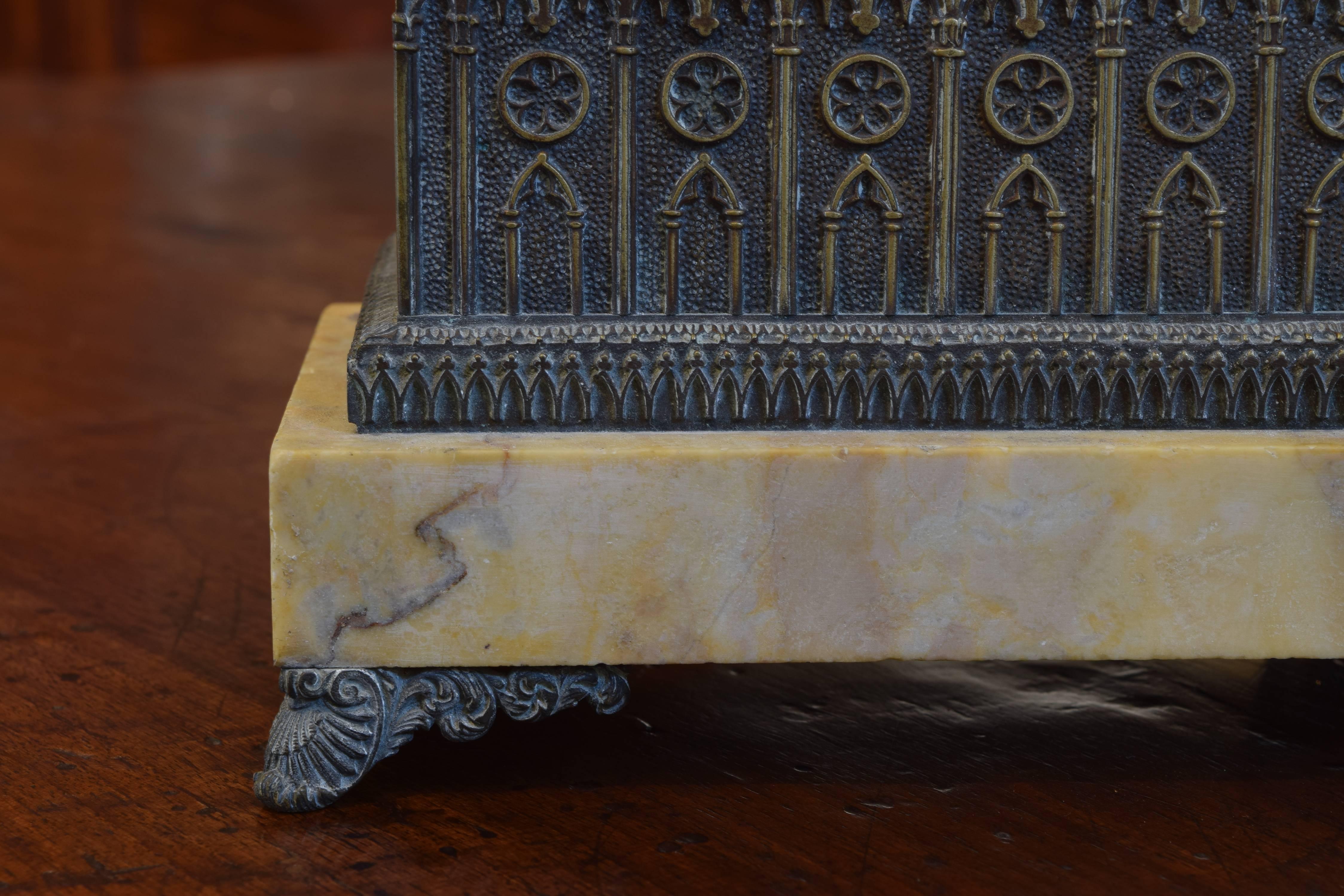 Late 19th Century Italian Patinated Brass and Marble Architectural Model Inkwell, circa 1875 For Sale