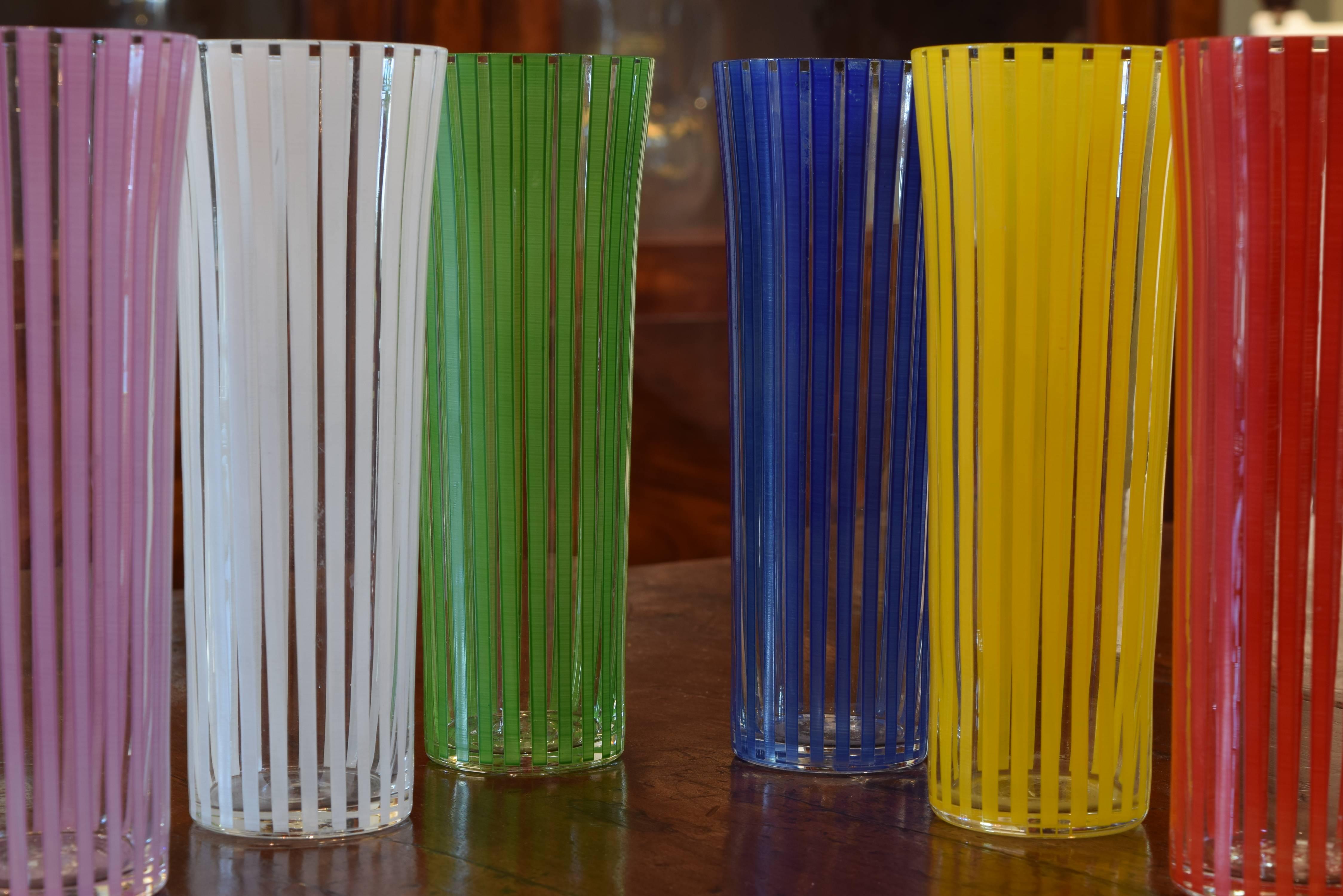 Italian Set of Six Mid-20th Century Highball Glasses, Blown, Etched, and Painted, Italy