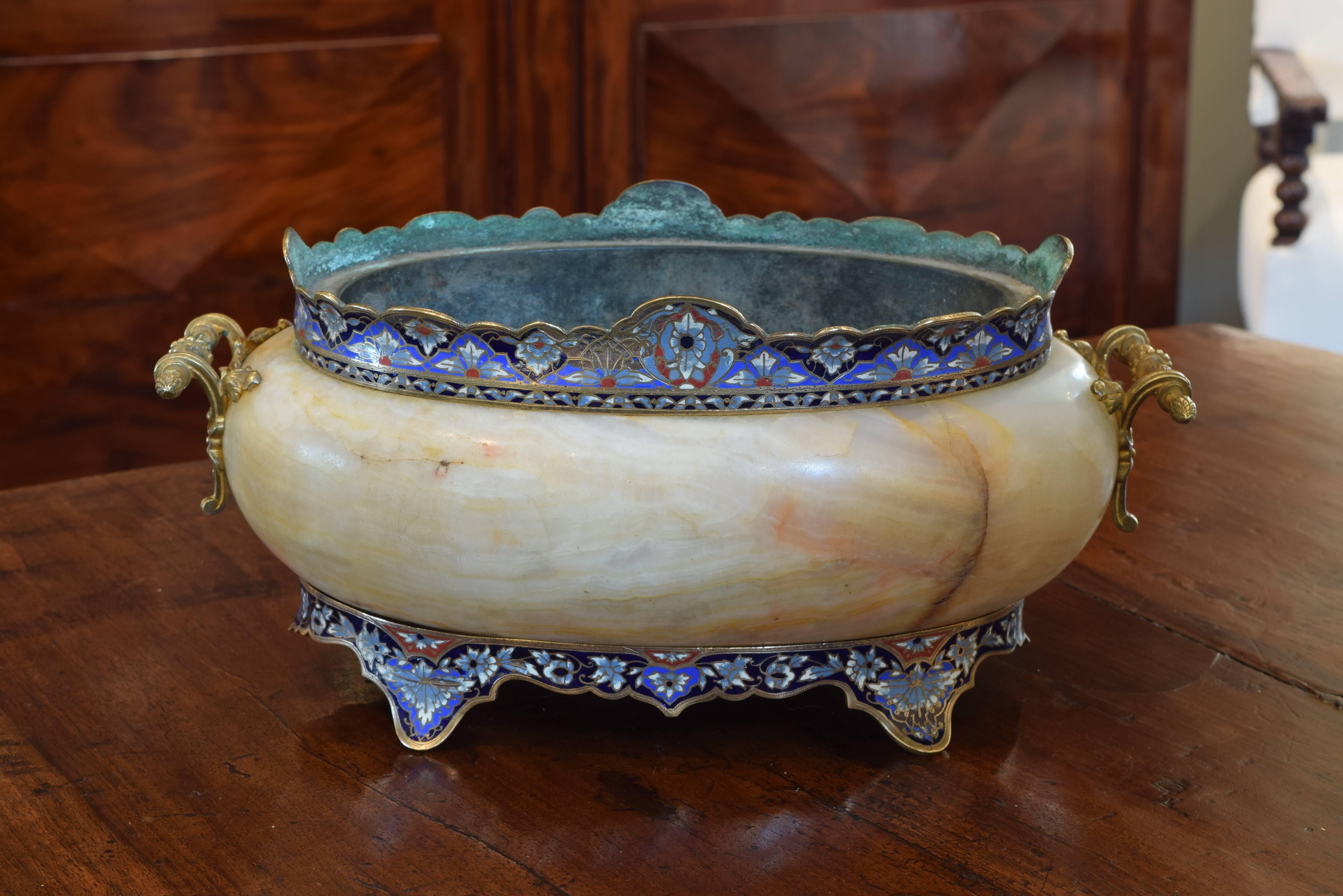 Having upper and lower shaped bands of cloisonne, with a tole liner, bronze handles.