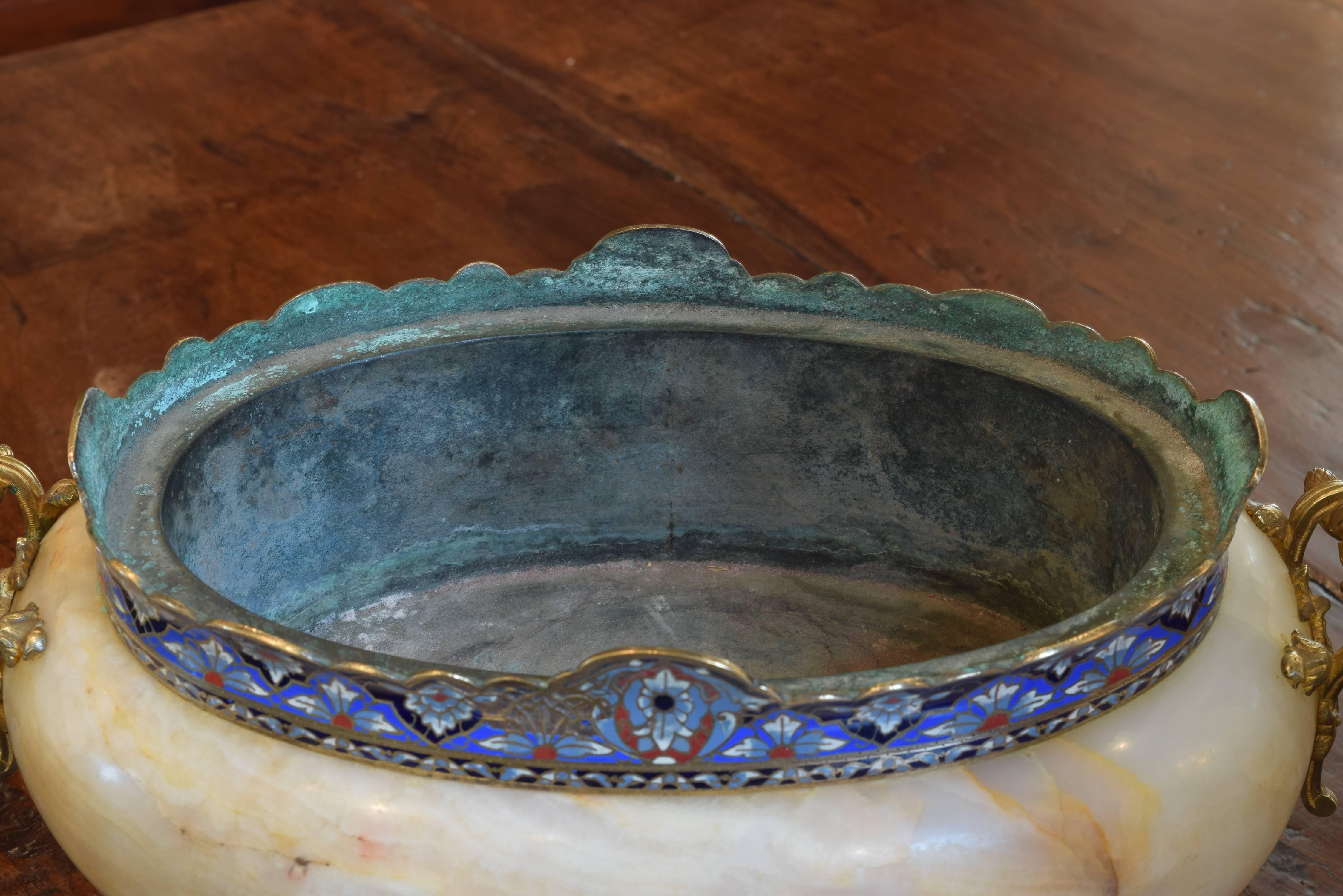 French Cloisonne on Marble Cachepot from the Second Half of the 19th Century In Excellent Condition In Atlanta, GA