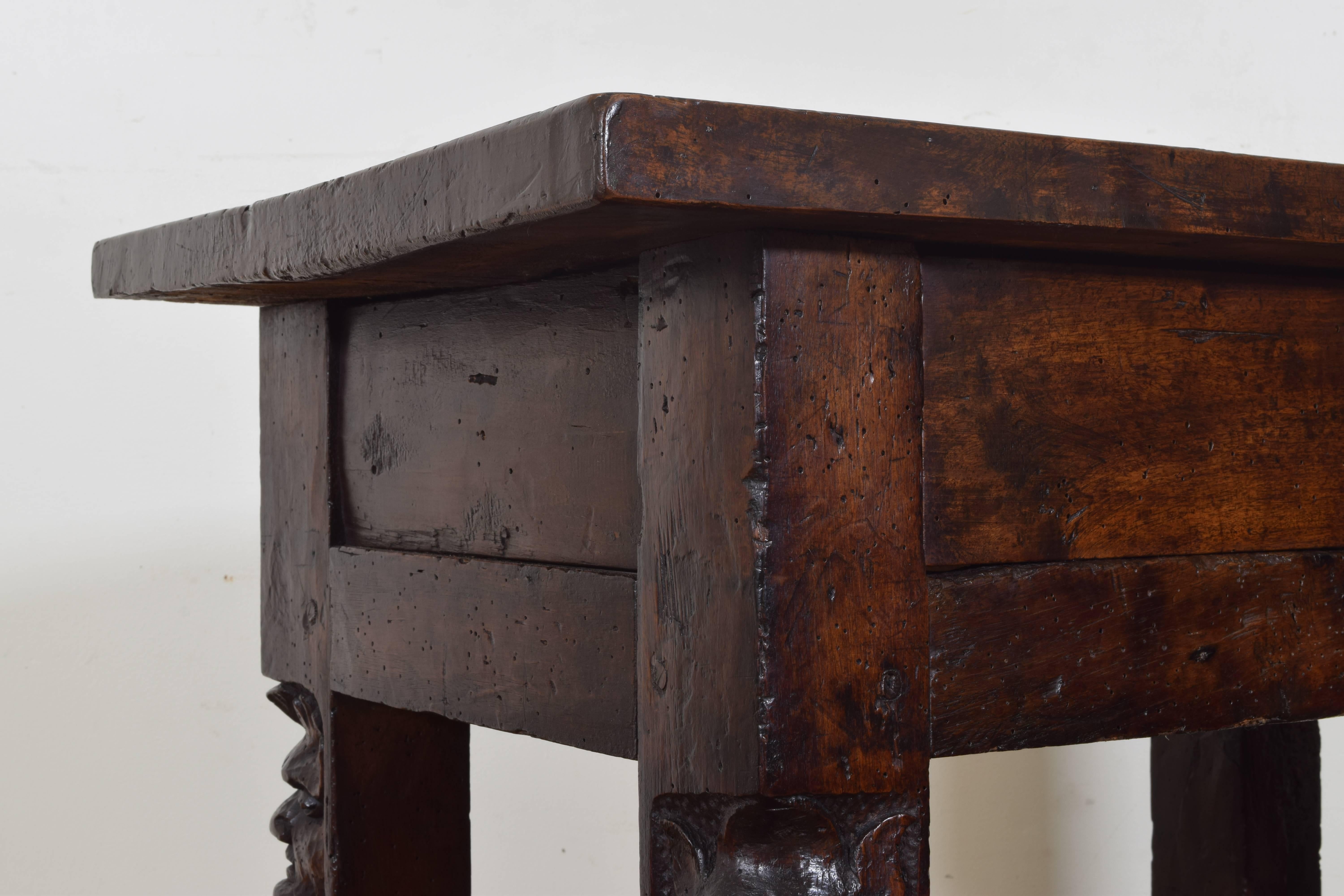 Italian Baroque Period Carved Walnut One Drawer Centre Table, 17th Century 3