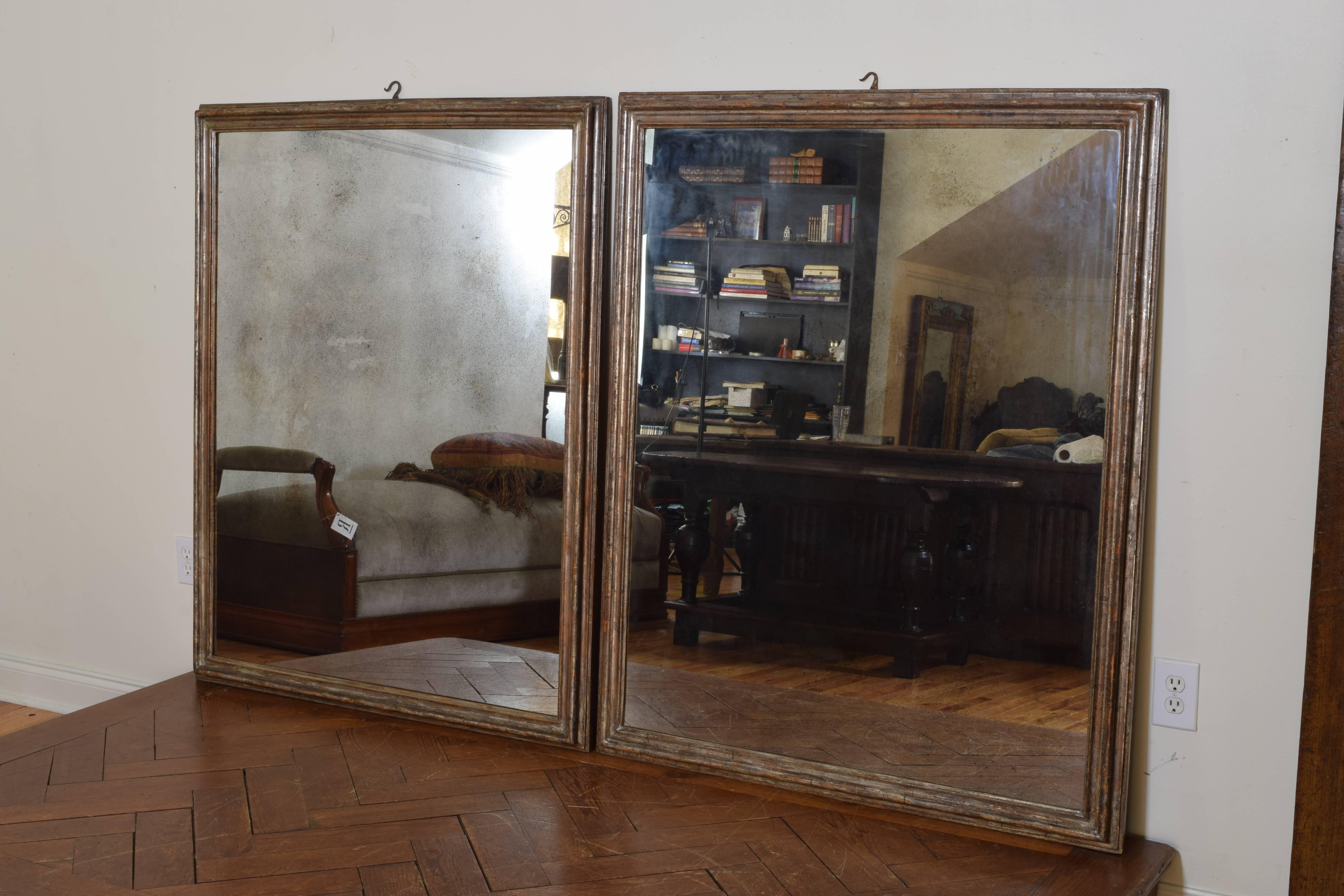 Baroque Pair of Large Italian Carved Wood and Mecca Frames Now Mirrors, Mid-18th Century