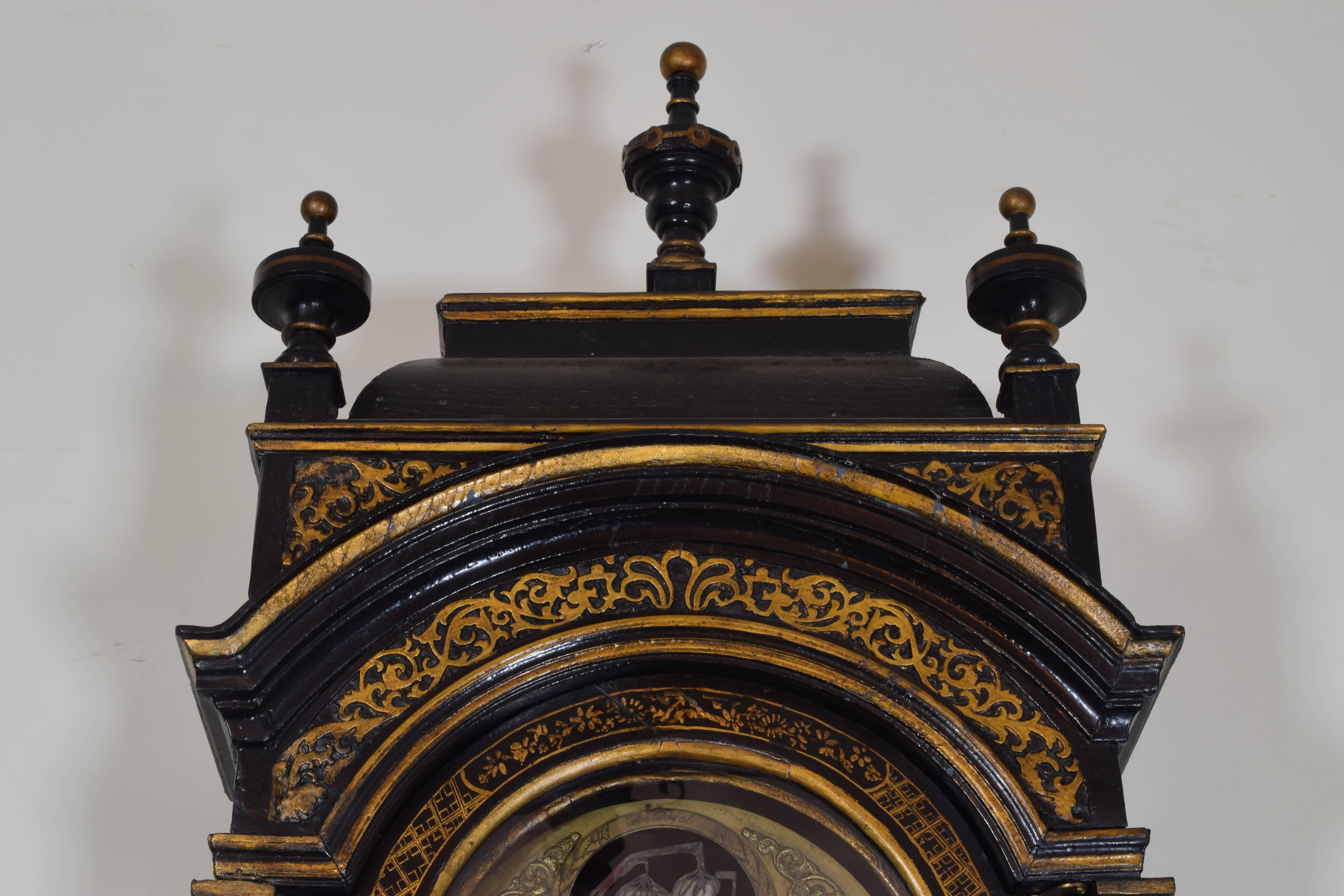 George II Period Chinoiserie Black Lacquer Longcase Clock, Mid-18th Century In Good Condition In Atlanta, GA