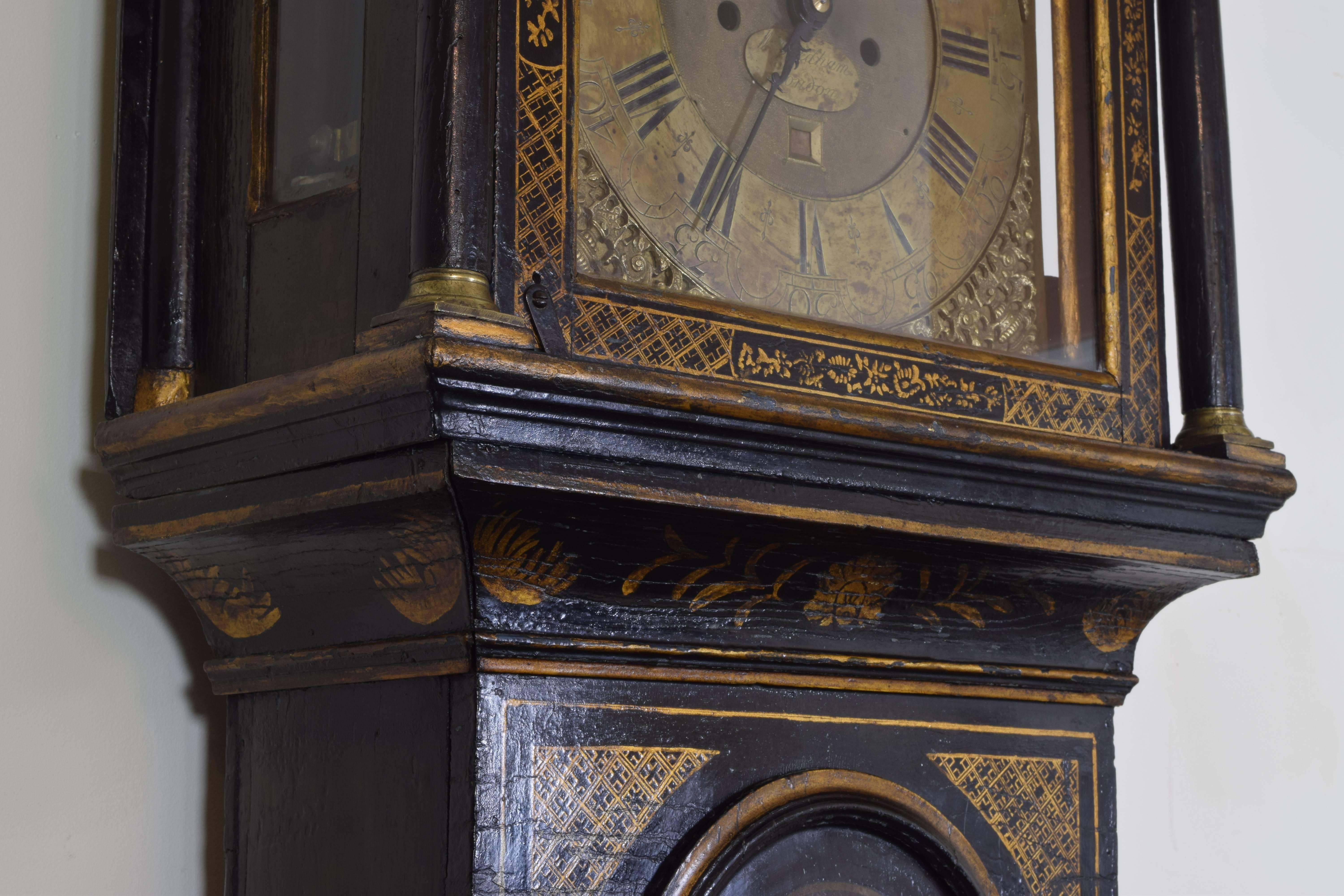 George II Period Chinoiserie Black Lacquer Longcase Clock, Mid-18th Century 2