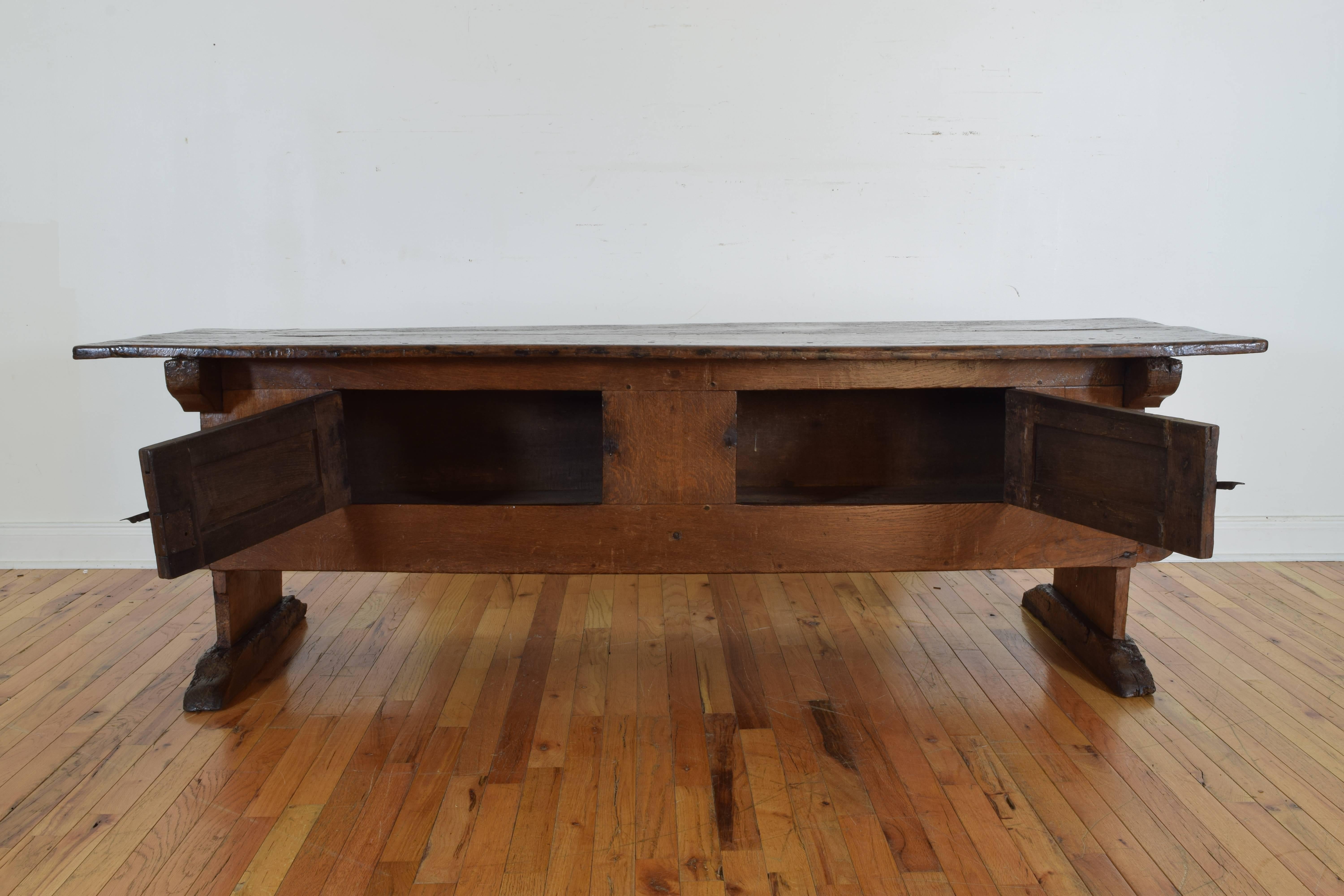Hand-Carved Unusual Swiss Oak Rustic Table with Hinged Doors, 17th-18th Century