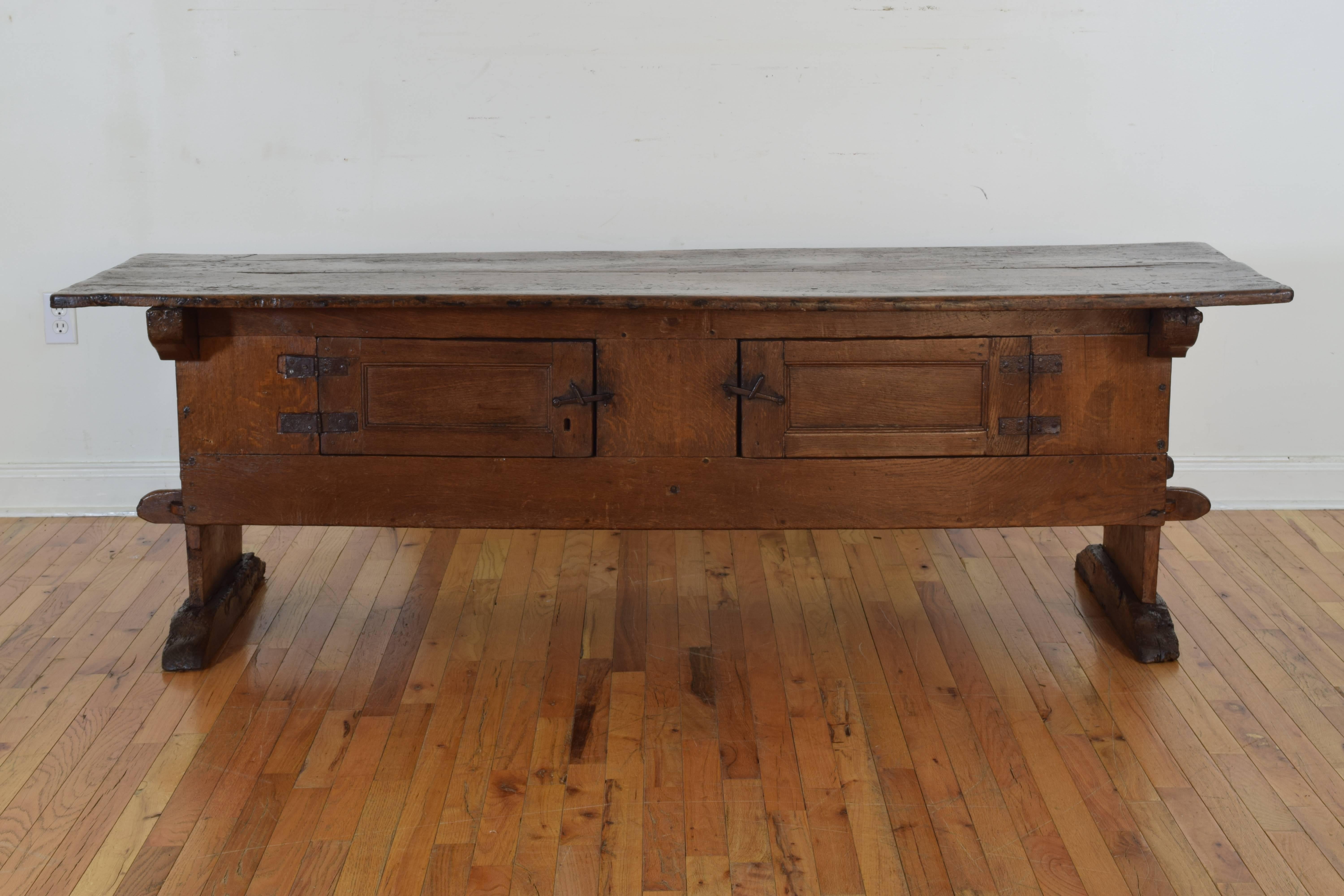 Baroque Unusual Swiss Oak Rustic Table with Hinged Doors, 17th-18th Century