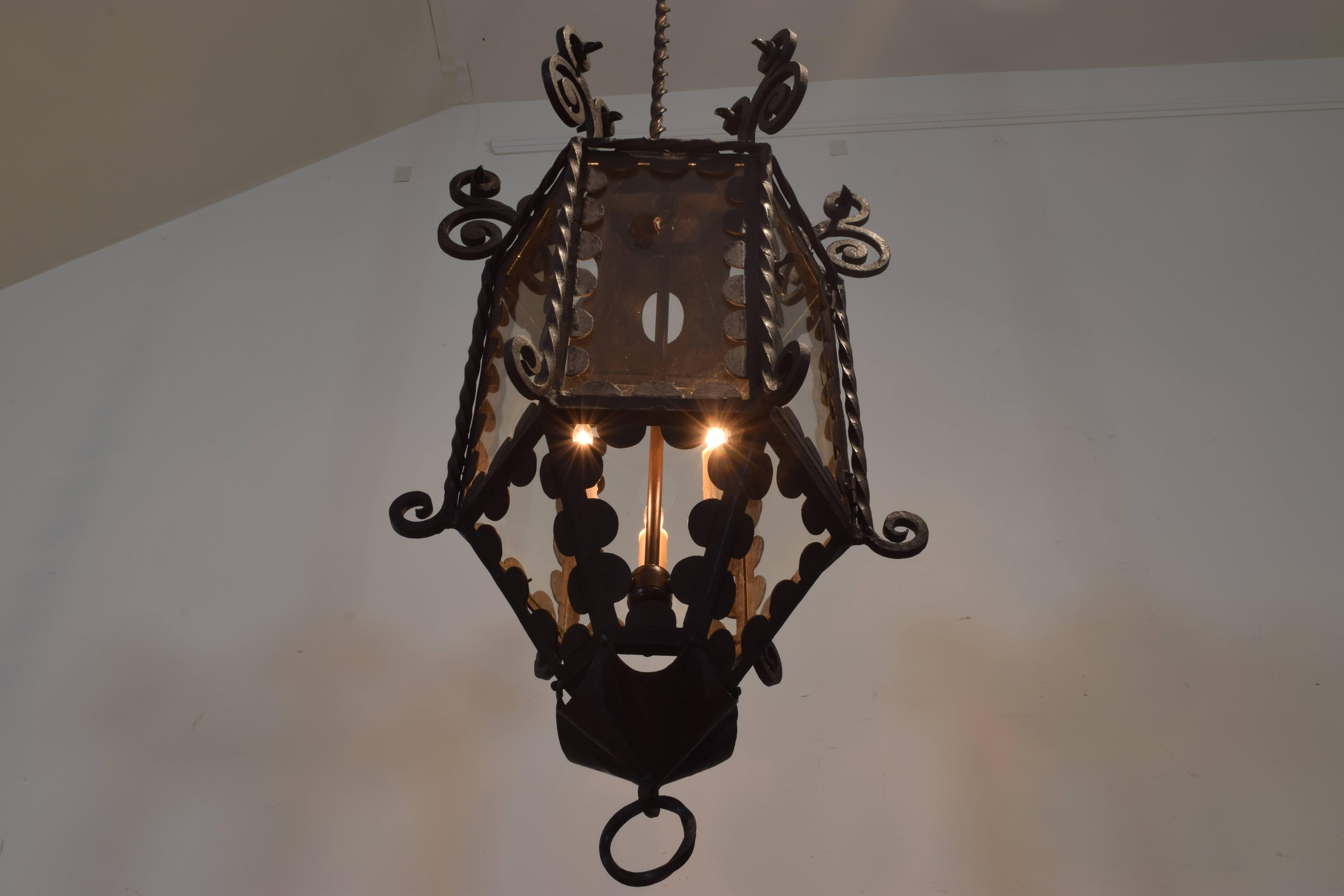 Baroque Revival Italian Wrought Iron, Metal, and Glass Baroque Style Lantern, 19th Century