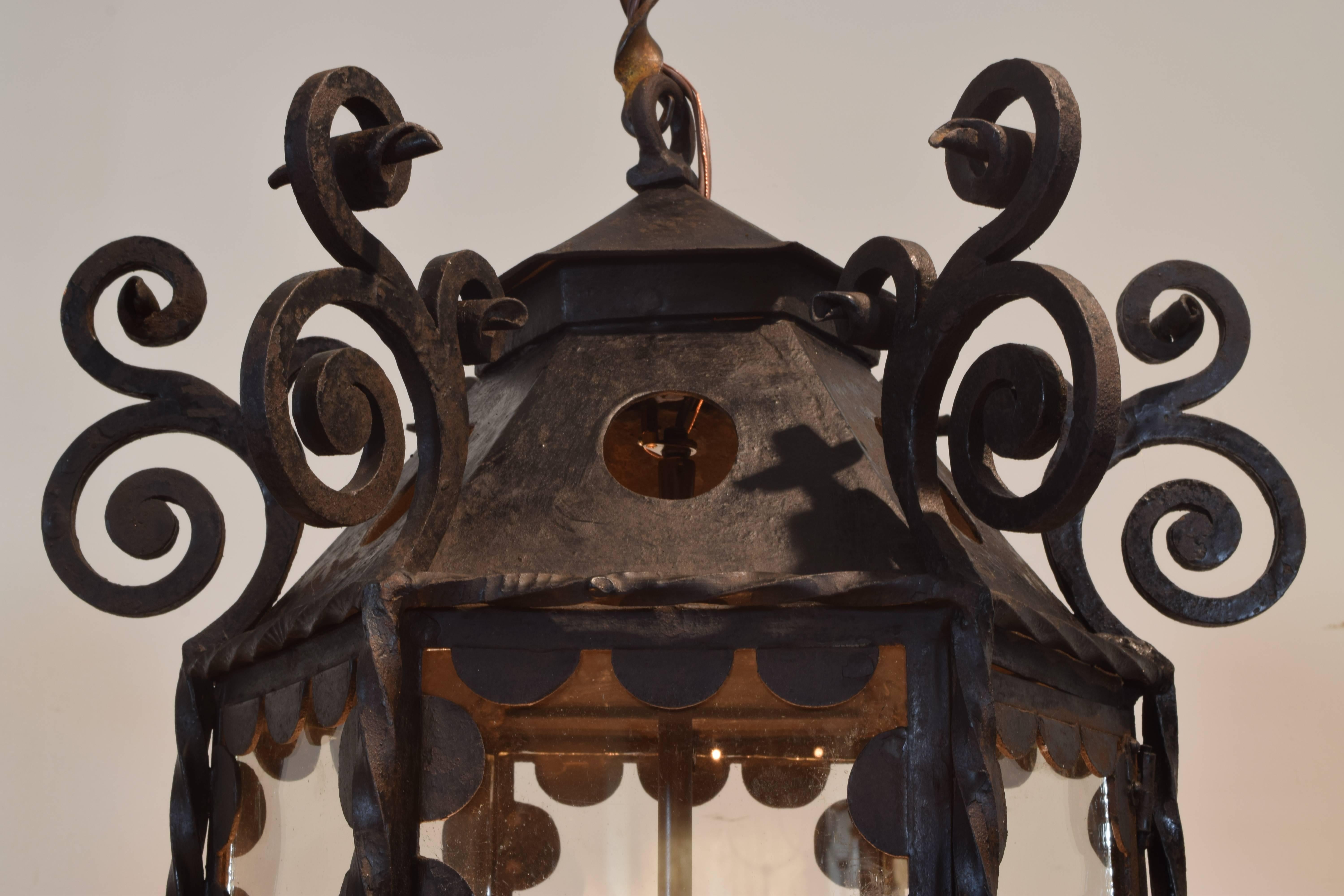 Italian Wrought Iron, Metal, and Glass Baroque Style Lantern, 19th Century In Excellent Condition In Atlanta, GA