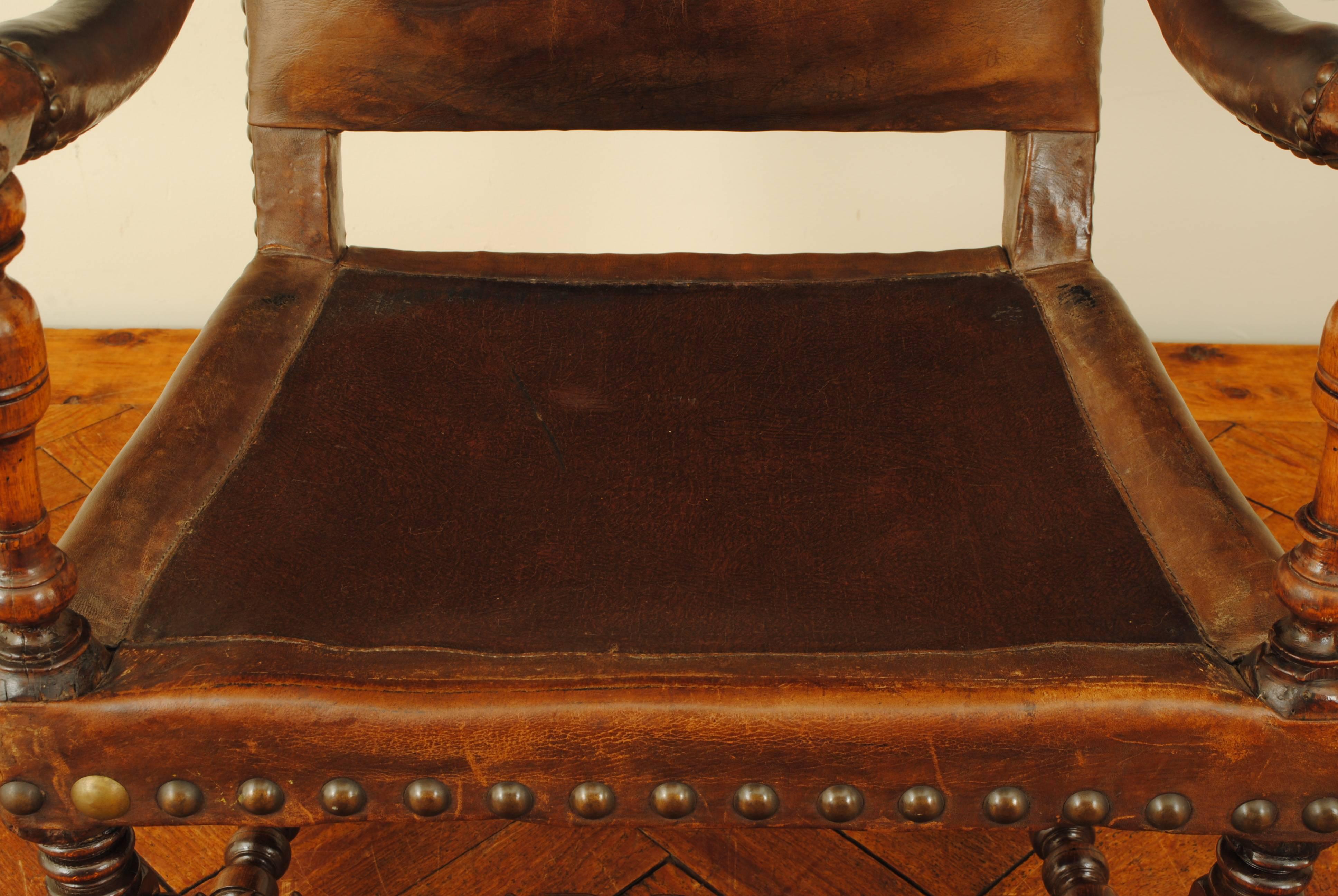 18th Century French Louis XIII Period Walnut and Leather Upholstered Fauteuil