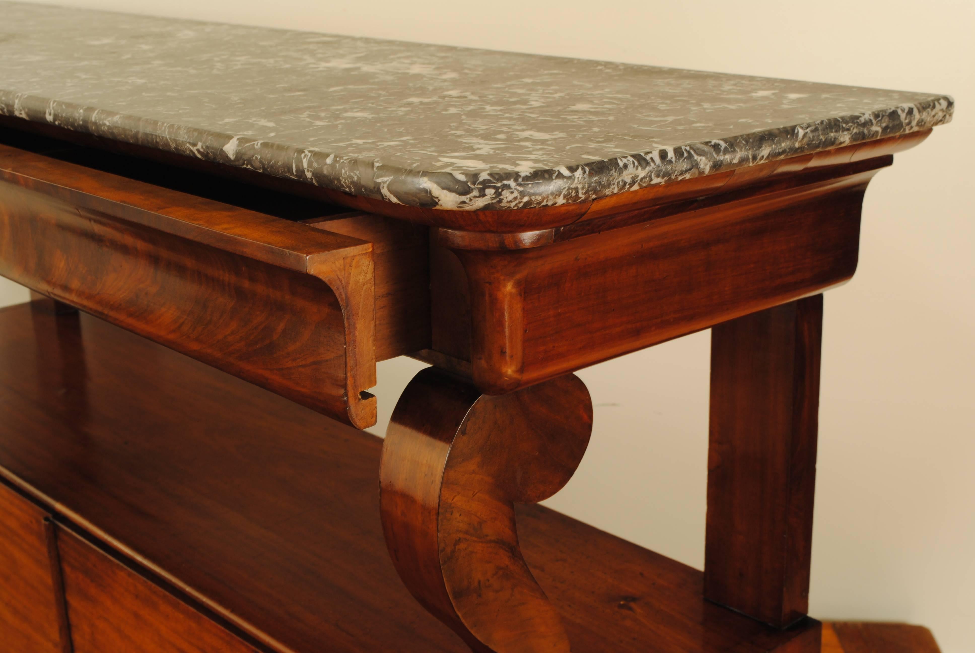 French Louis Philippe Period Shallow Walnut Marble-Top Console Table, 19th Cent In Excellent Condition In Atlanta, GA