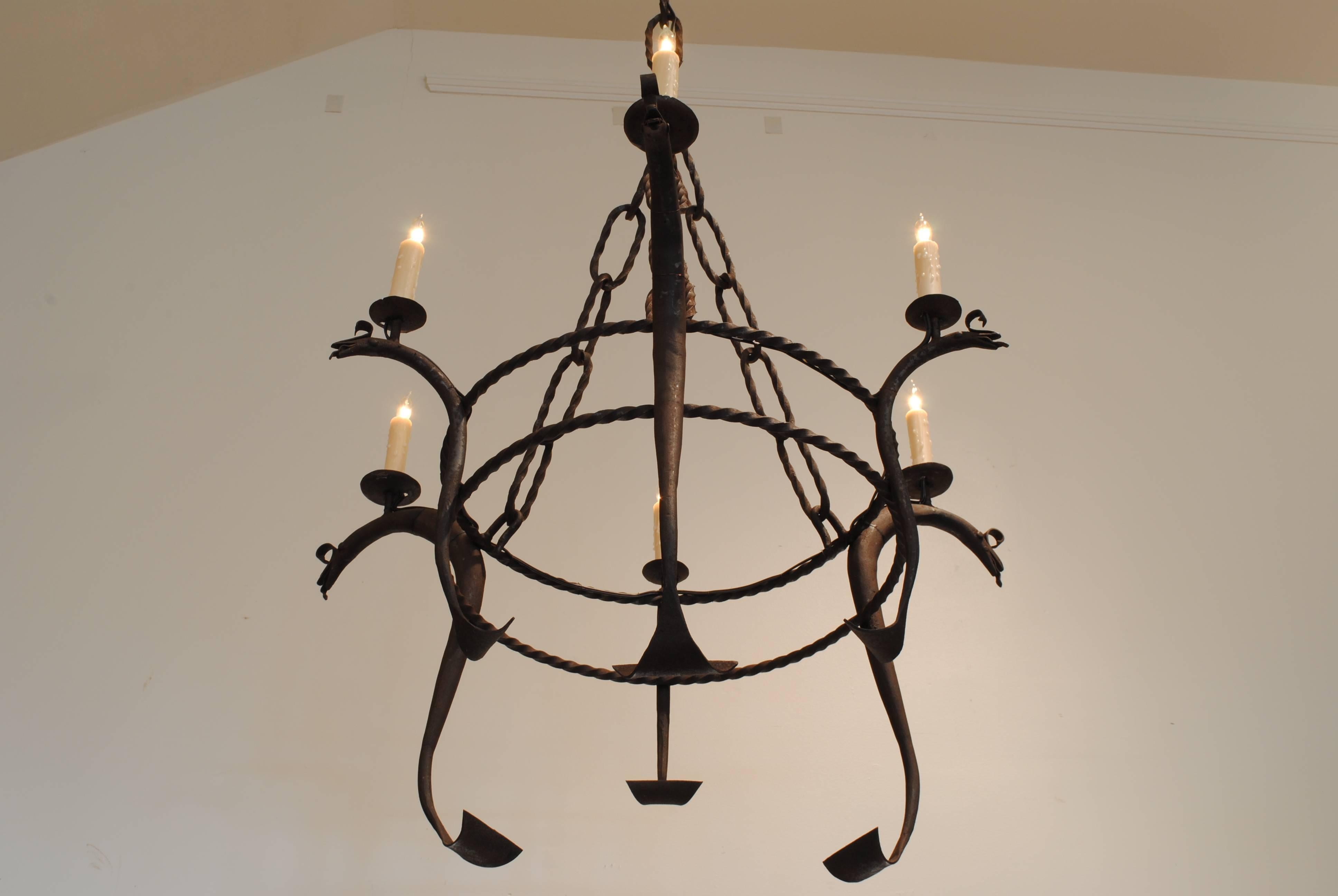 Baroque Italian Wrought Iron Six-Light Chandelier, UL Wired, Early 20th Century