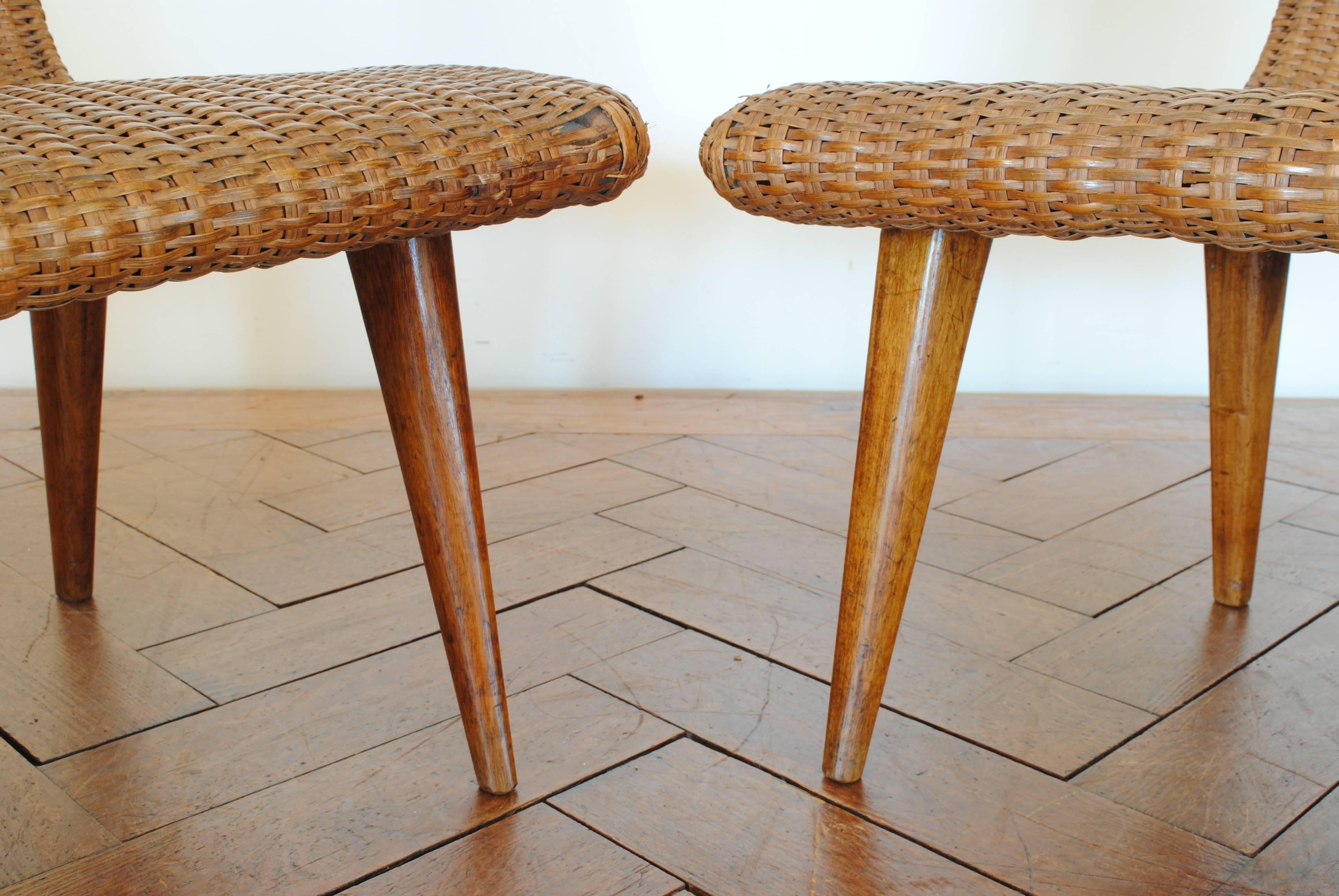 Pair of French Wooden and Rattan Upholstered Chairs 1