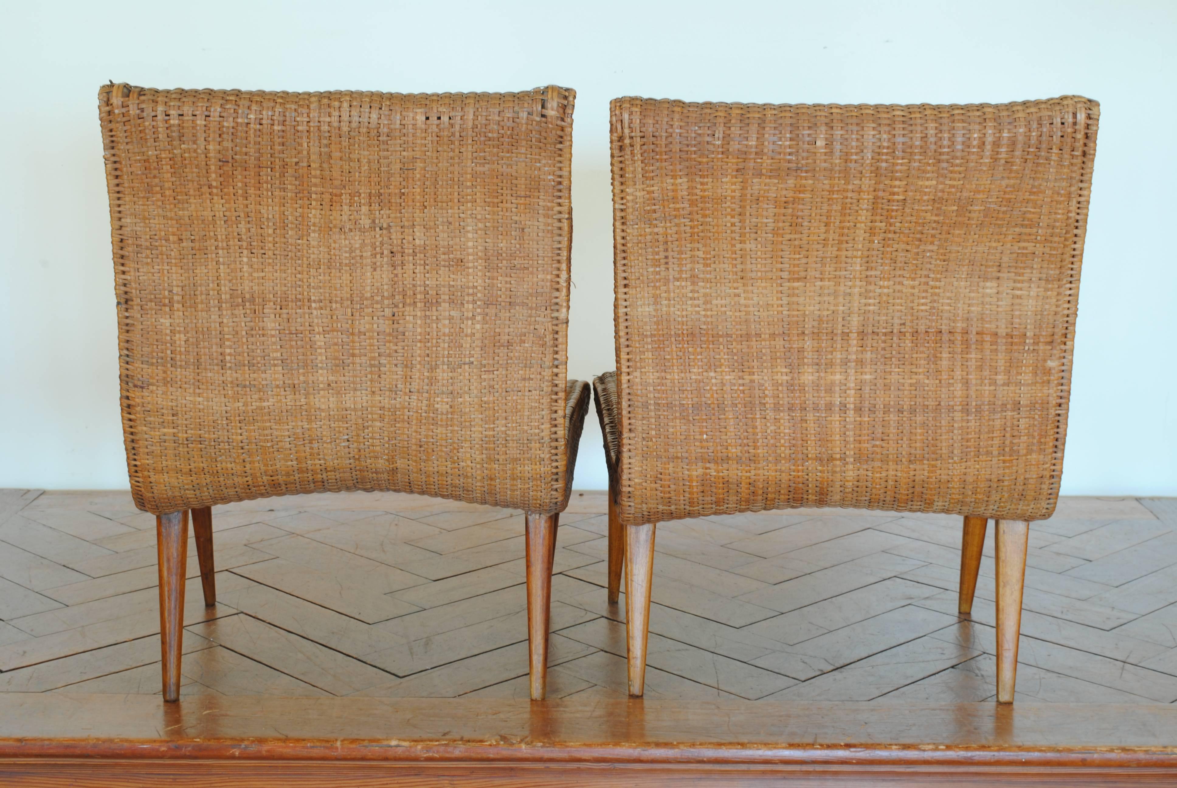 Pair of French Wooden and Rattan Upholstered Chairs In Good Condition In Atlanta, GA