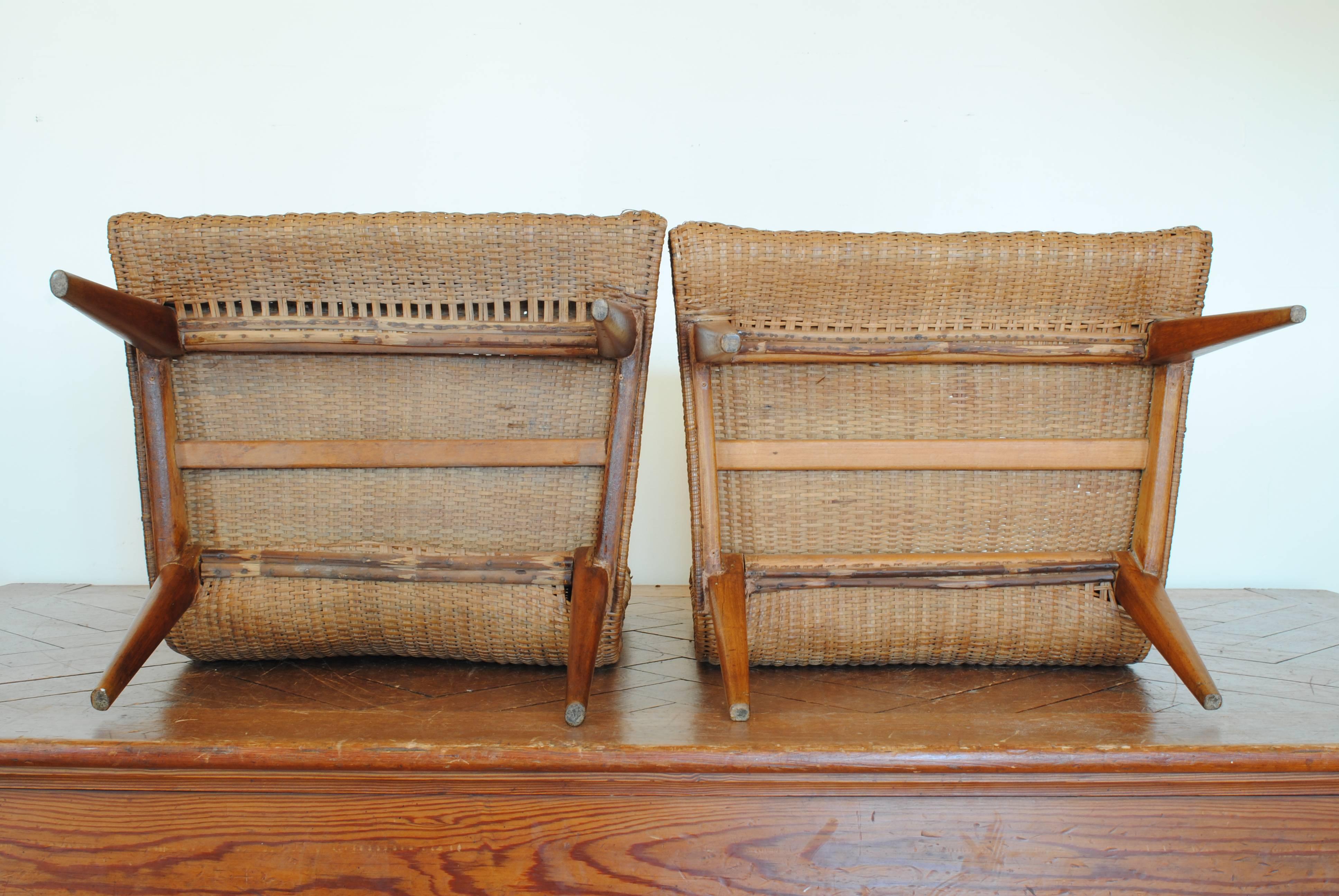 20th Century Pair of French Wooden and Rattan Upholstered Chairs