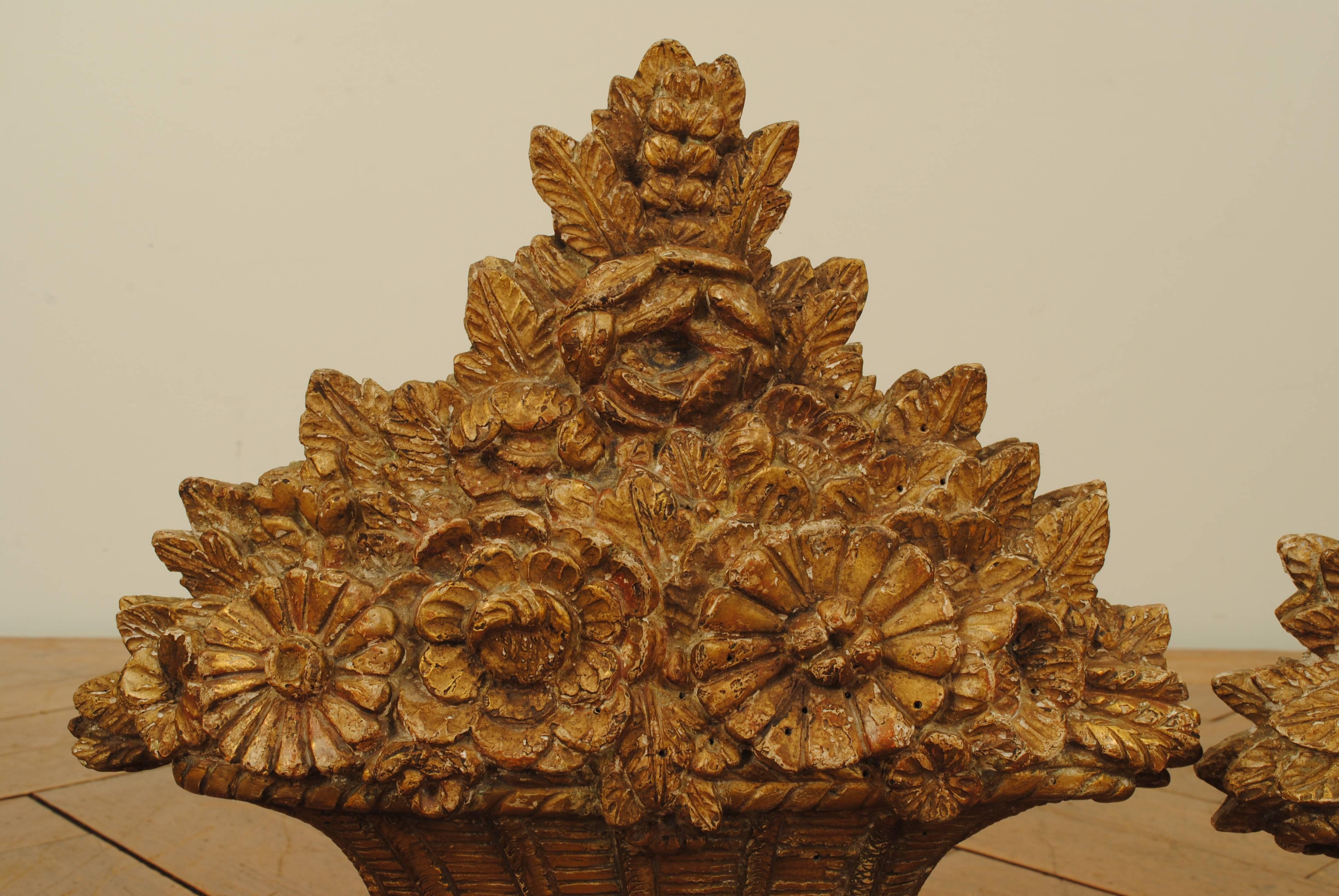 Pair French Louis XVI Period Carved Giltwood Floral Baskets, faux marble bases In Good Condition In Atlanta, GA