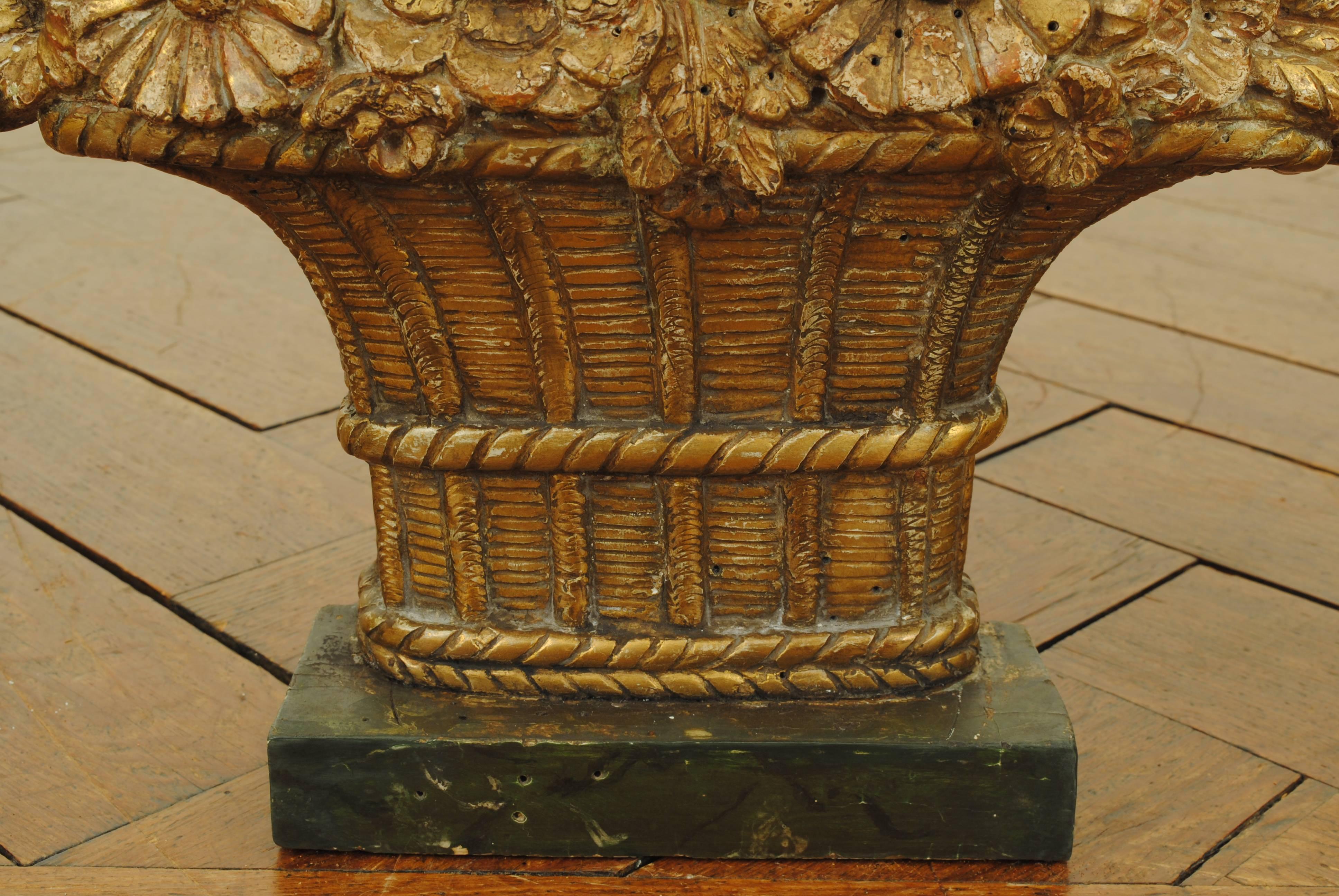 18th Century Pair French Louis XVI Period Carved Giltwood Floral Baskets, faux marble bases