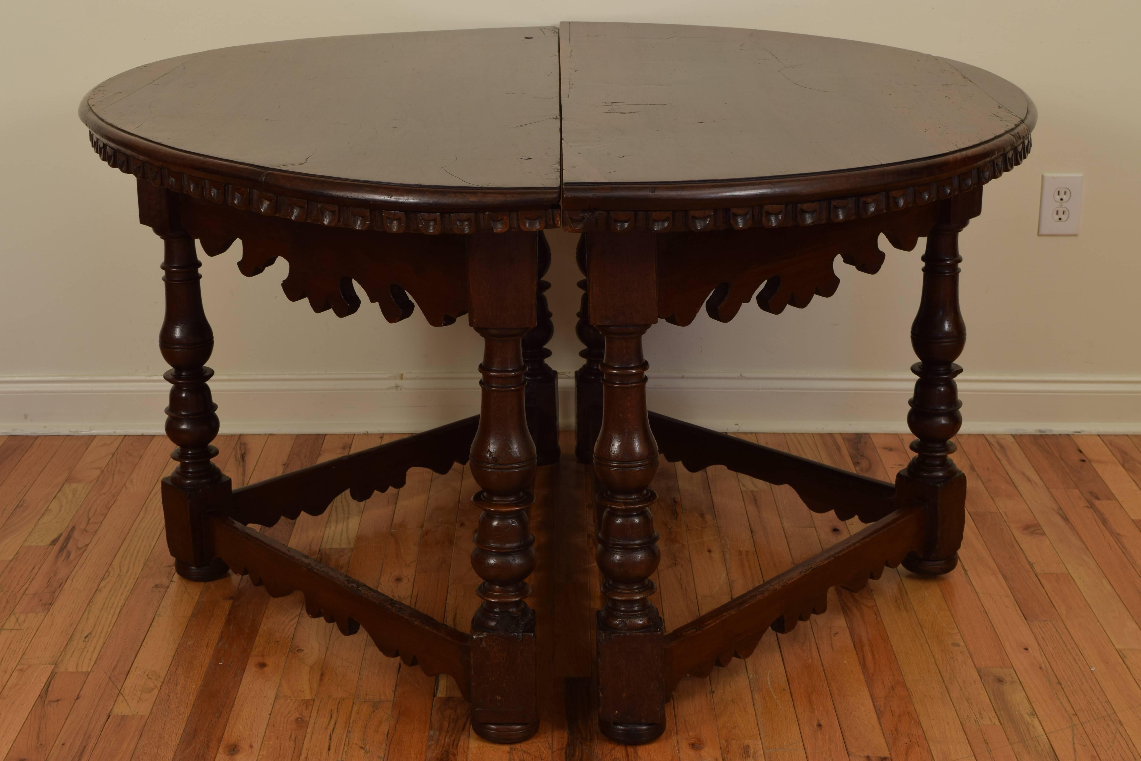 Pair of Italian Baroque Walnut Demilune Console Tables, 18th Century and Later In Excellent Condition In Atlanta, GA