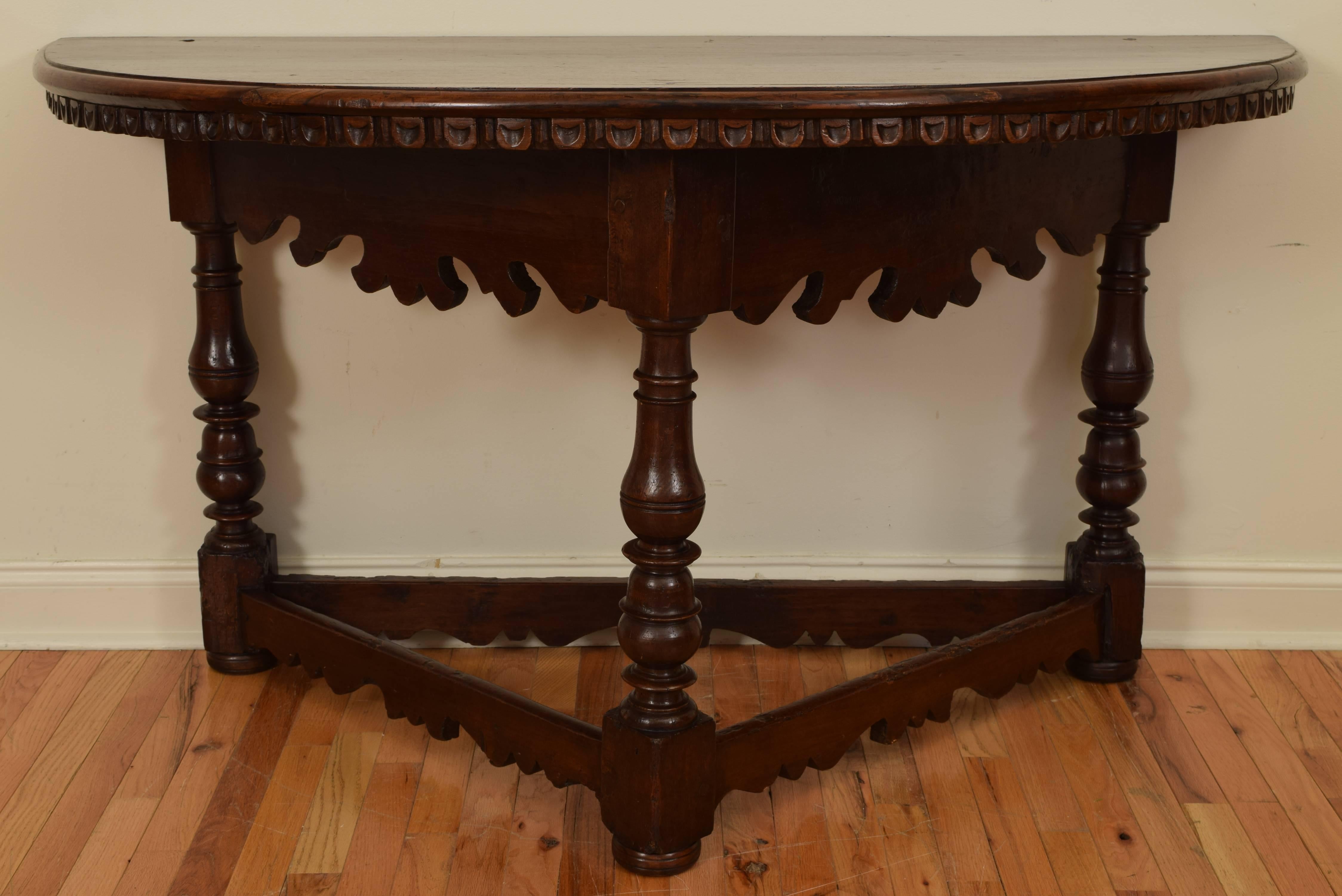 Pair of Italian Baroque Walnut Demilune Console Tables, 18th Century and Later 1