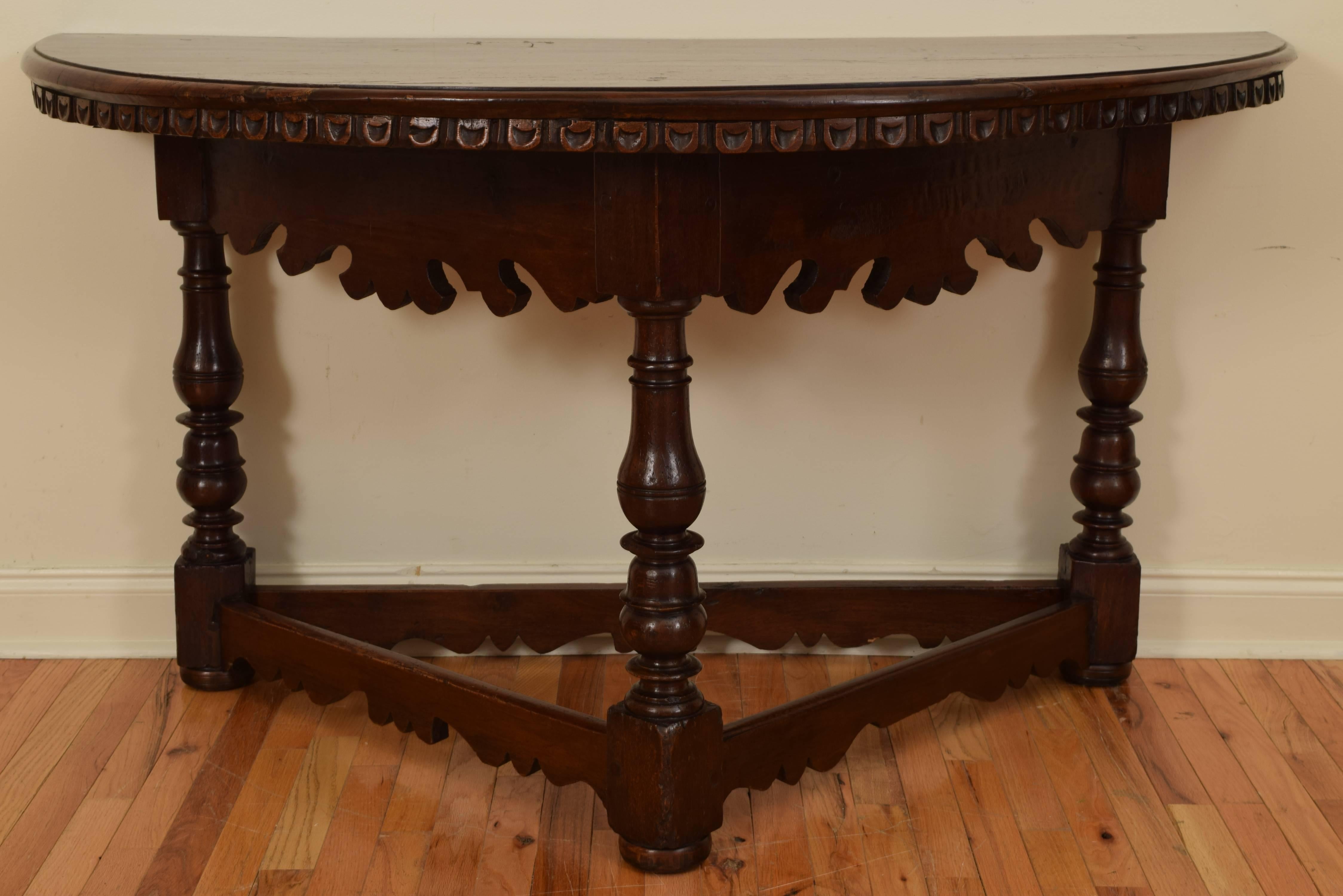Pair of Italian Baroque Walnut Demilune Console Tables, 18th Century and Later 5