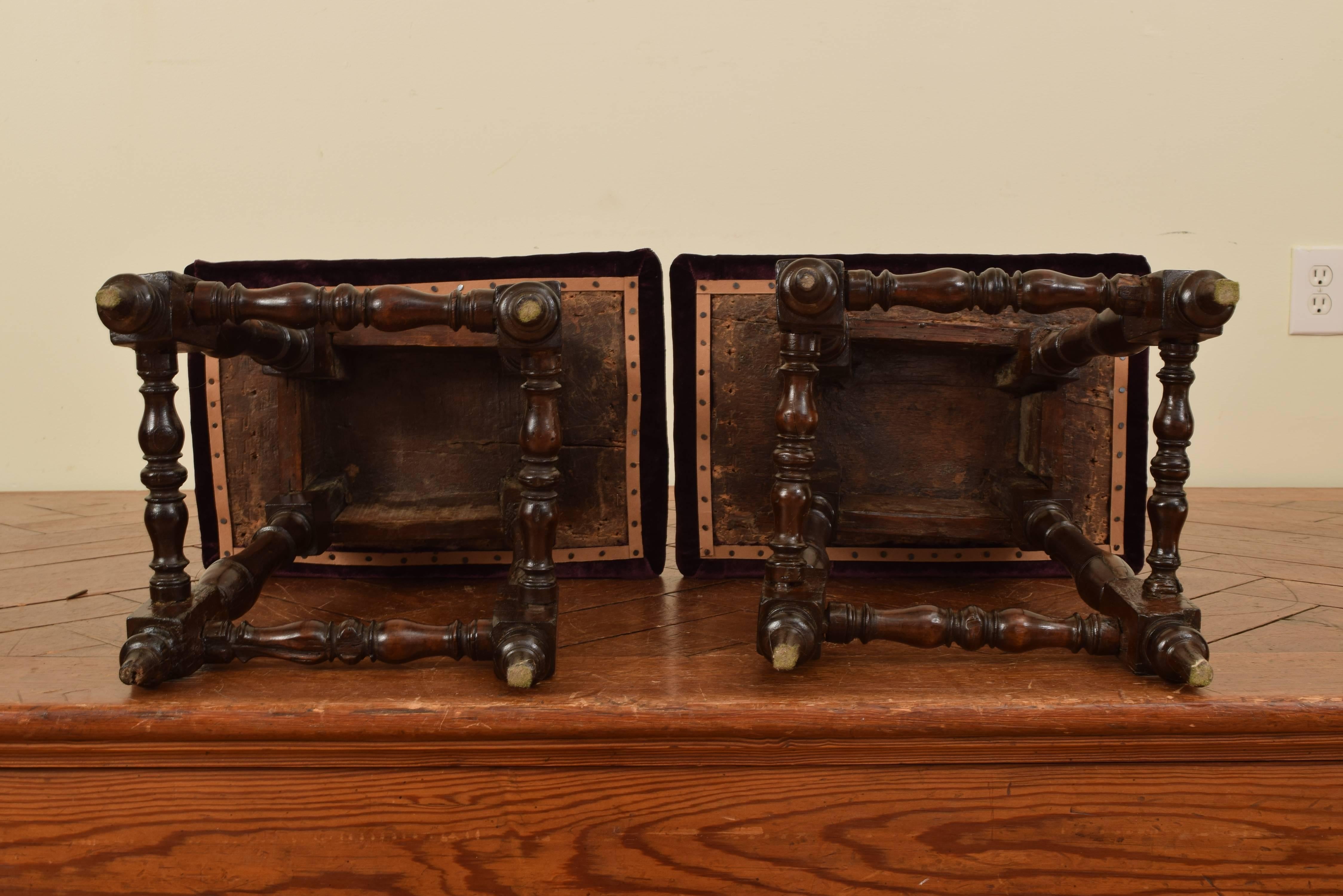 Pair of Italian Early 18th Century Dark Walnut and Upholstered Footstools 1