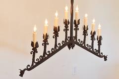 Italian Wrought Iron Chevron Shaped Linear Eight-Light Chandelier, UL Listed