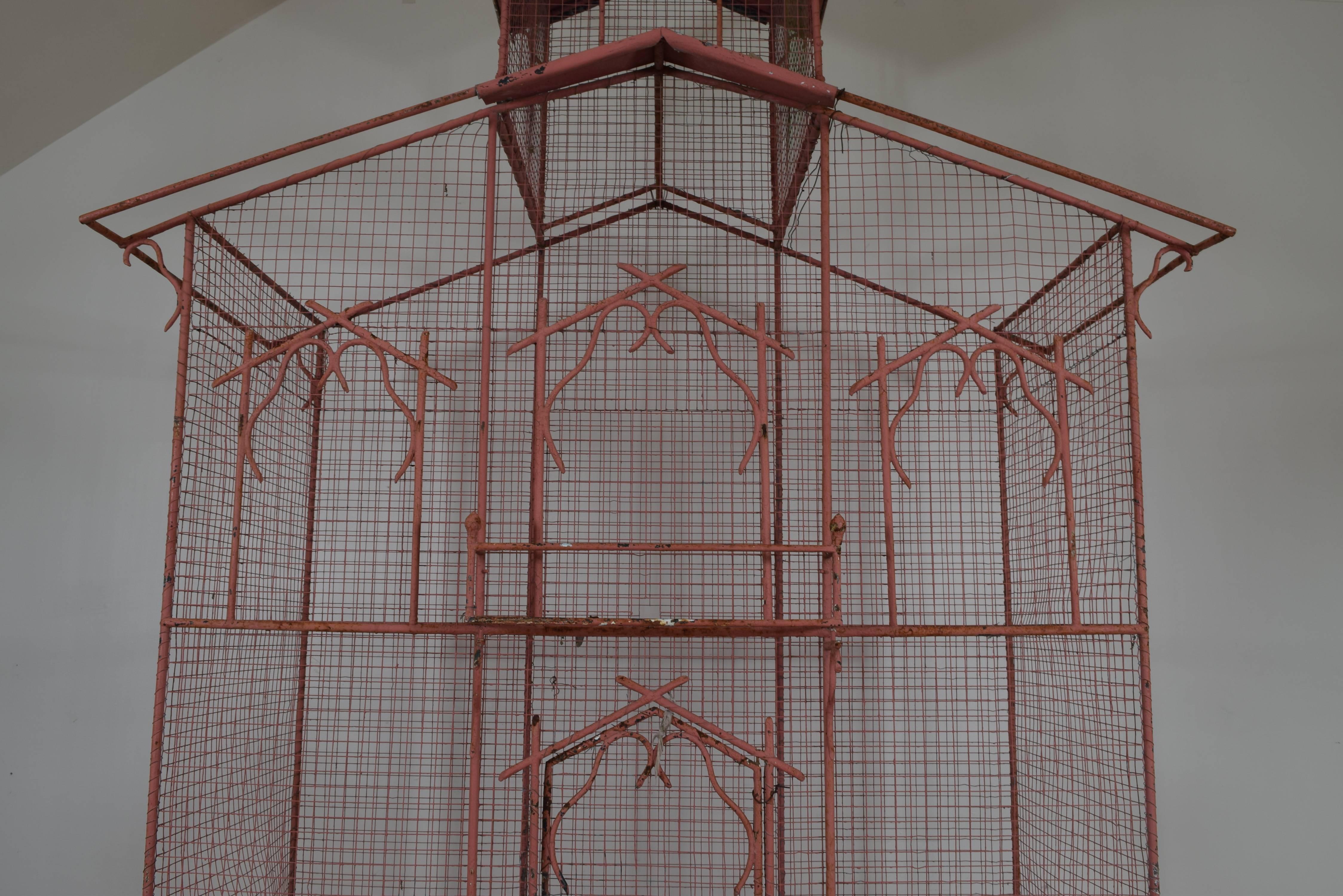 Massive Turn of the 20th Century Painted Iron and Wood Birdcage In Good Condition In Atlanta, GA