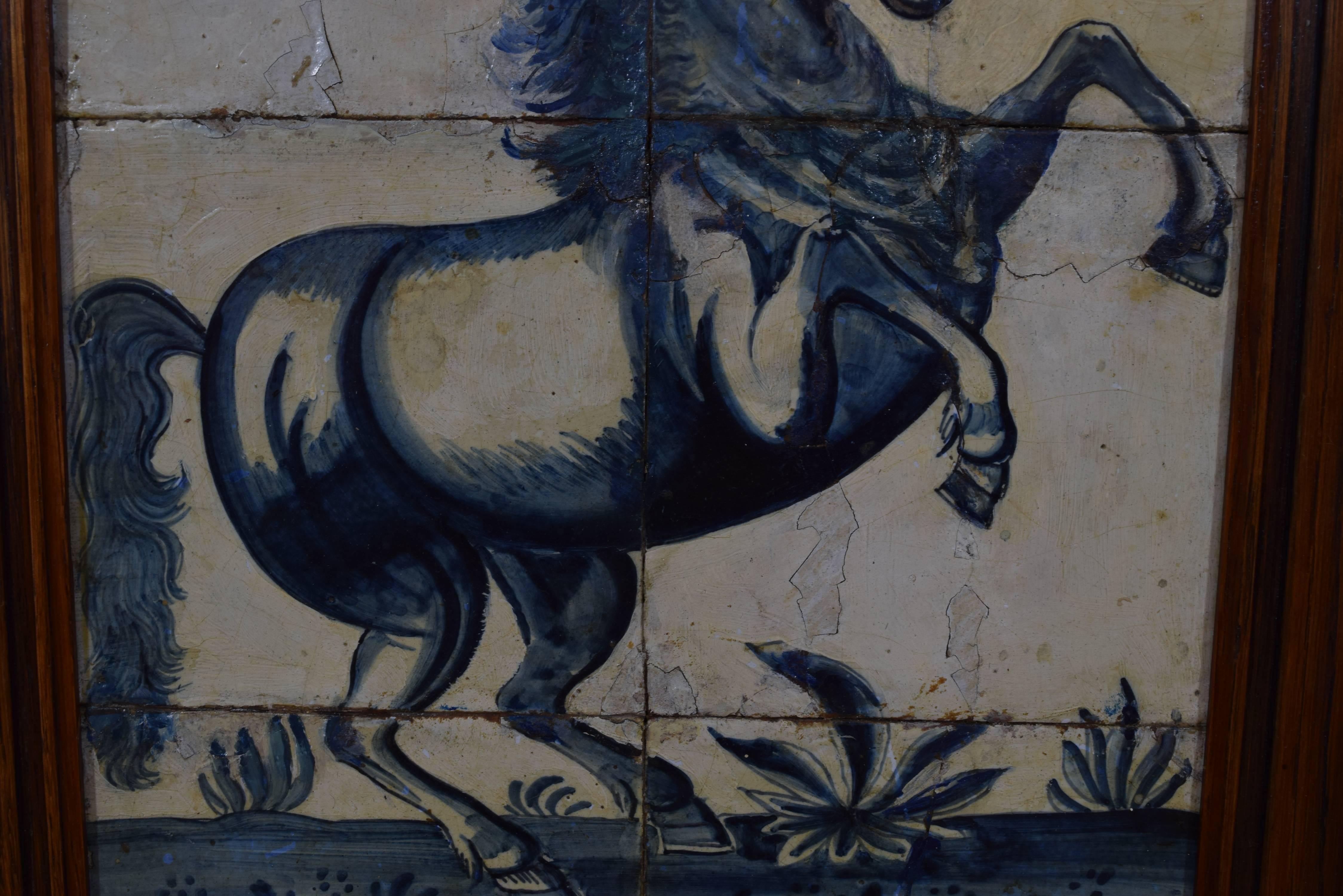 Louis XV Portuguese Framed Painted Tiles of a Rearing Horse, 18th Century, Later Frame
