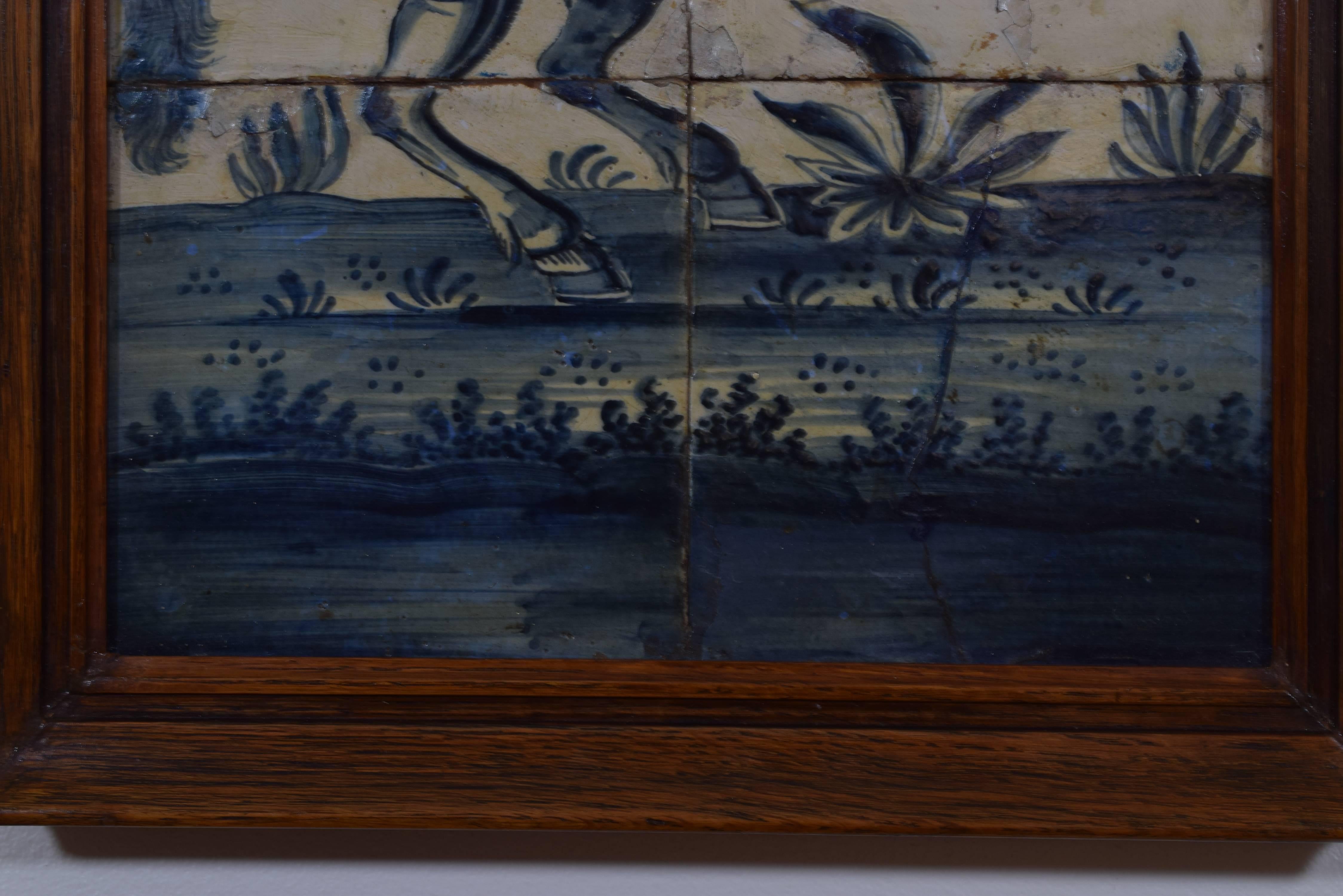 Portuguese Framed Painted Tiles of a Rearing Horse, 18th Century, Later Frame In Good Condition In Atlanta, GA