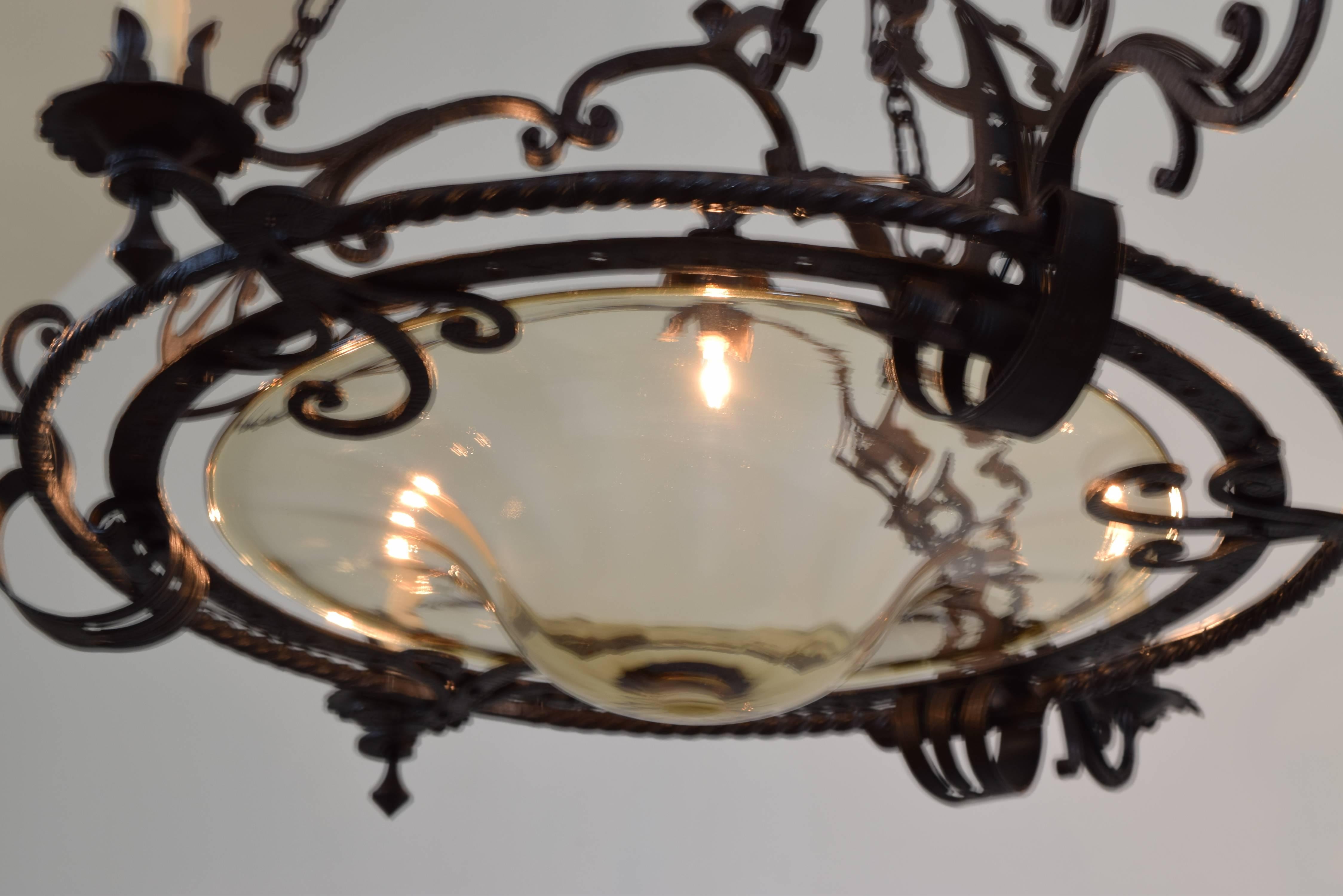 Italian Milanese Masterfully Wrought Iron Seven-Light Chandelier, Early 20th Century