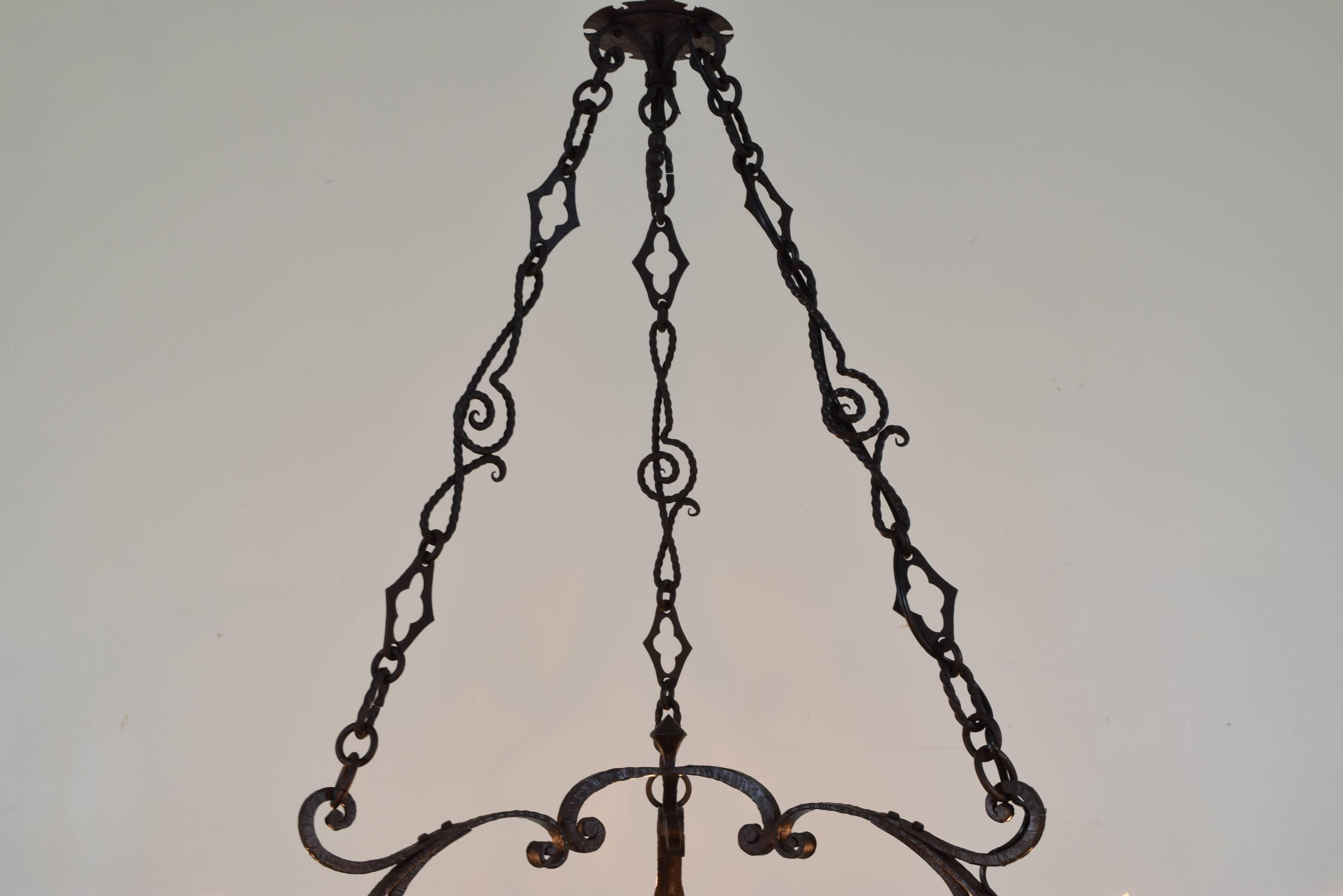 Milanese Masterfully Wrought Iron Seven-Light Chandelier, Early 20th Century 1