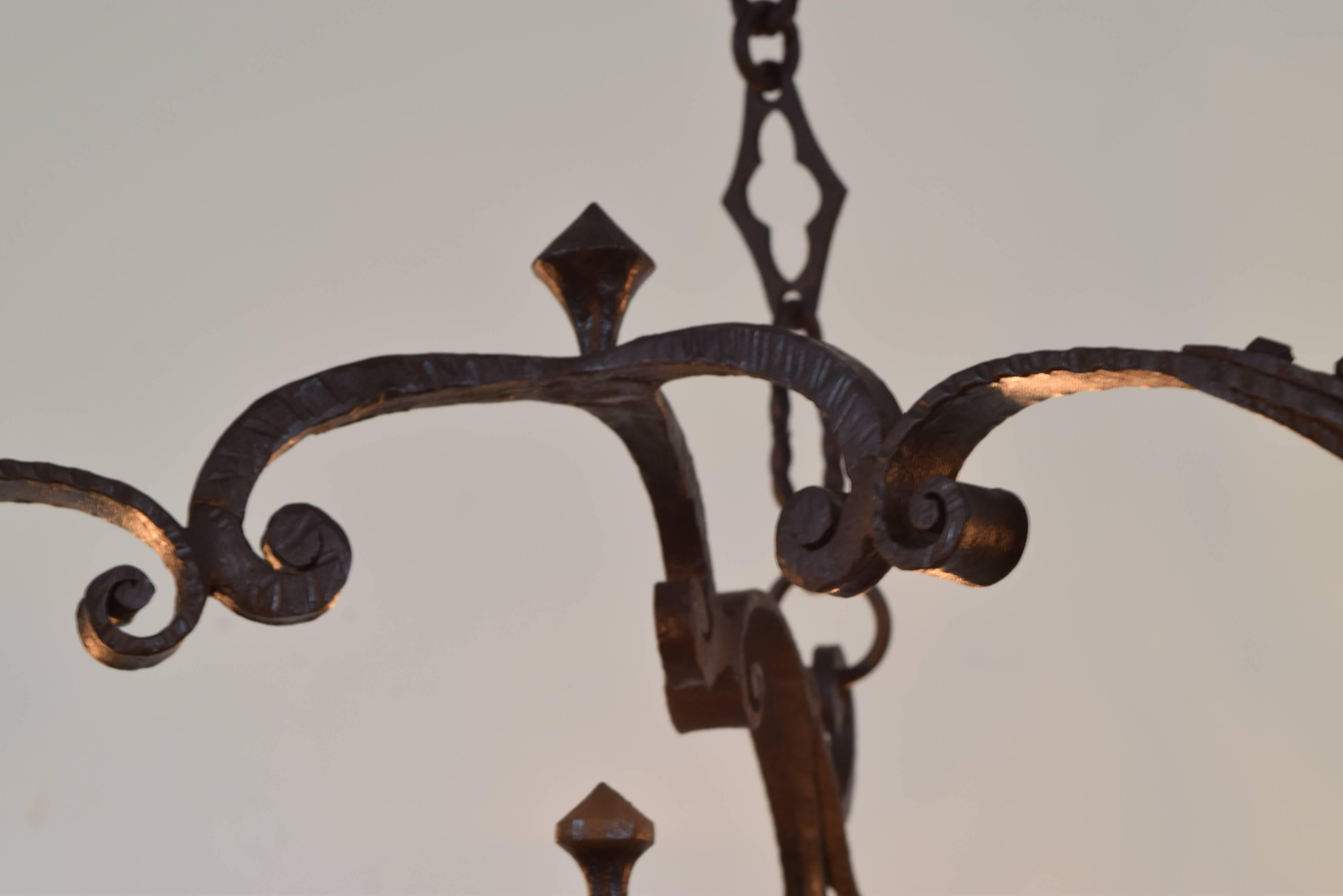 Milanese Masterfully Wrought Iron Seven-Light Chandelier, Early 20th Century 2