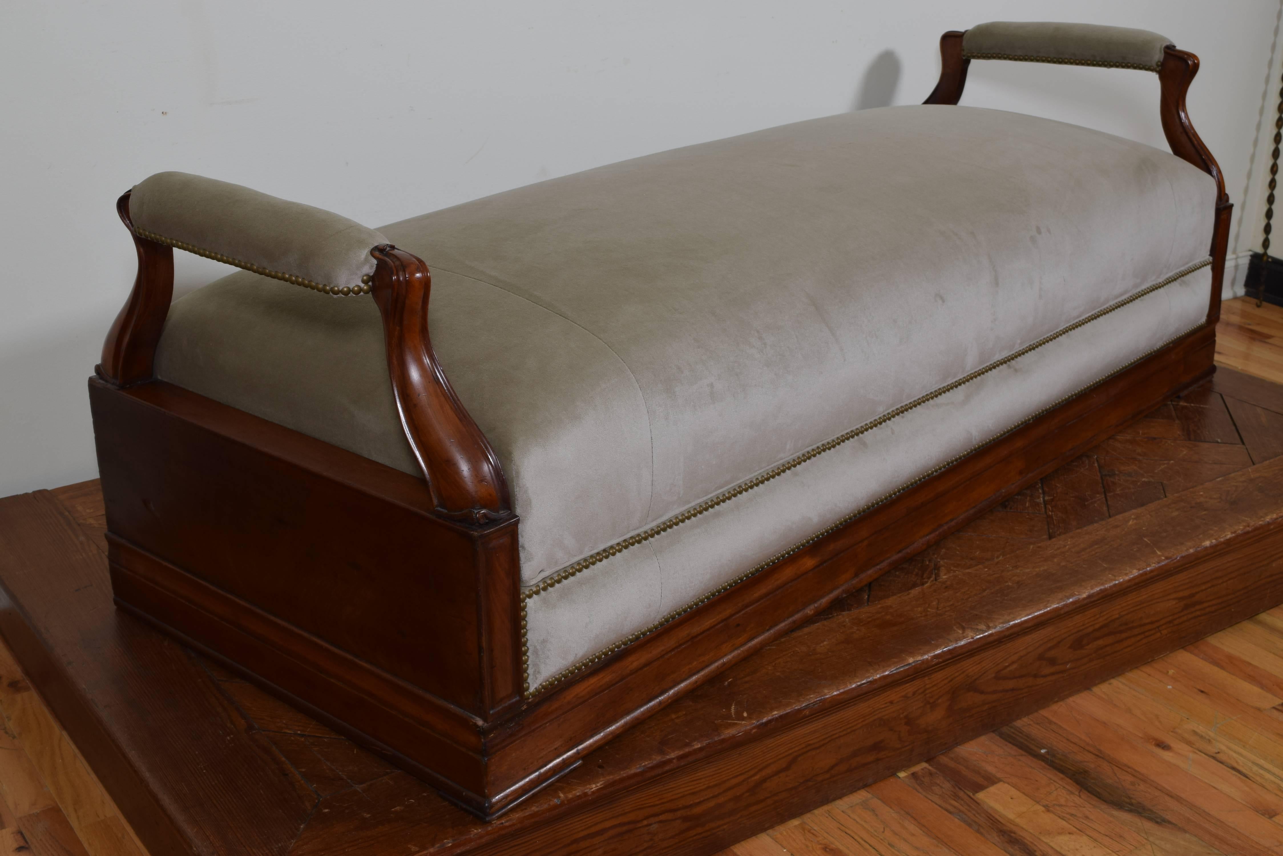 French Large Carved Cherrywood and Upholstered Bench and Trunk, Mid-19th Century
