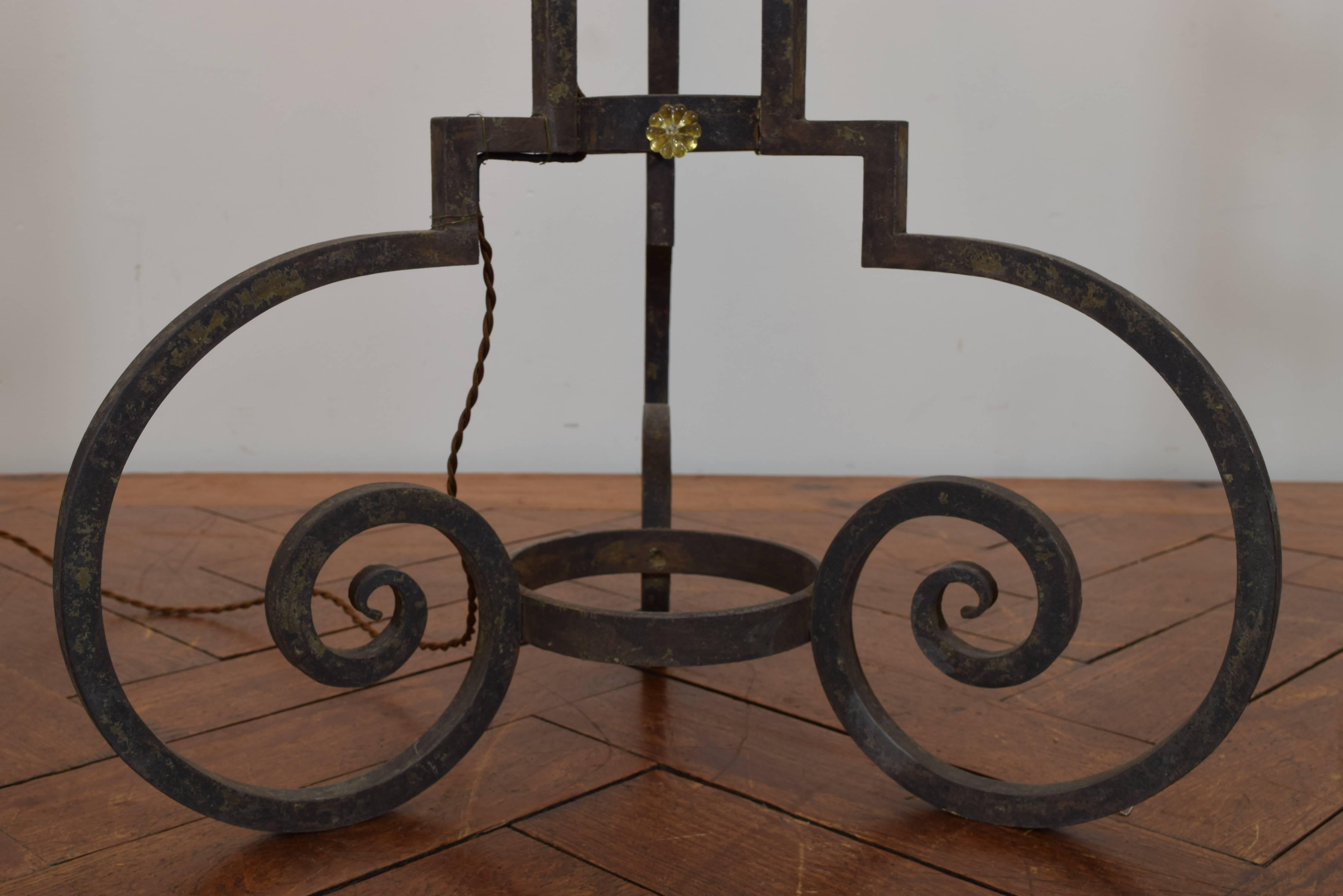 Mid-20th Century French Art Deco Wrought Iron and Glass Floor Lamp
