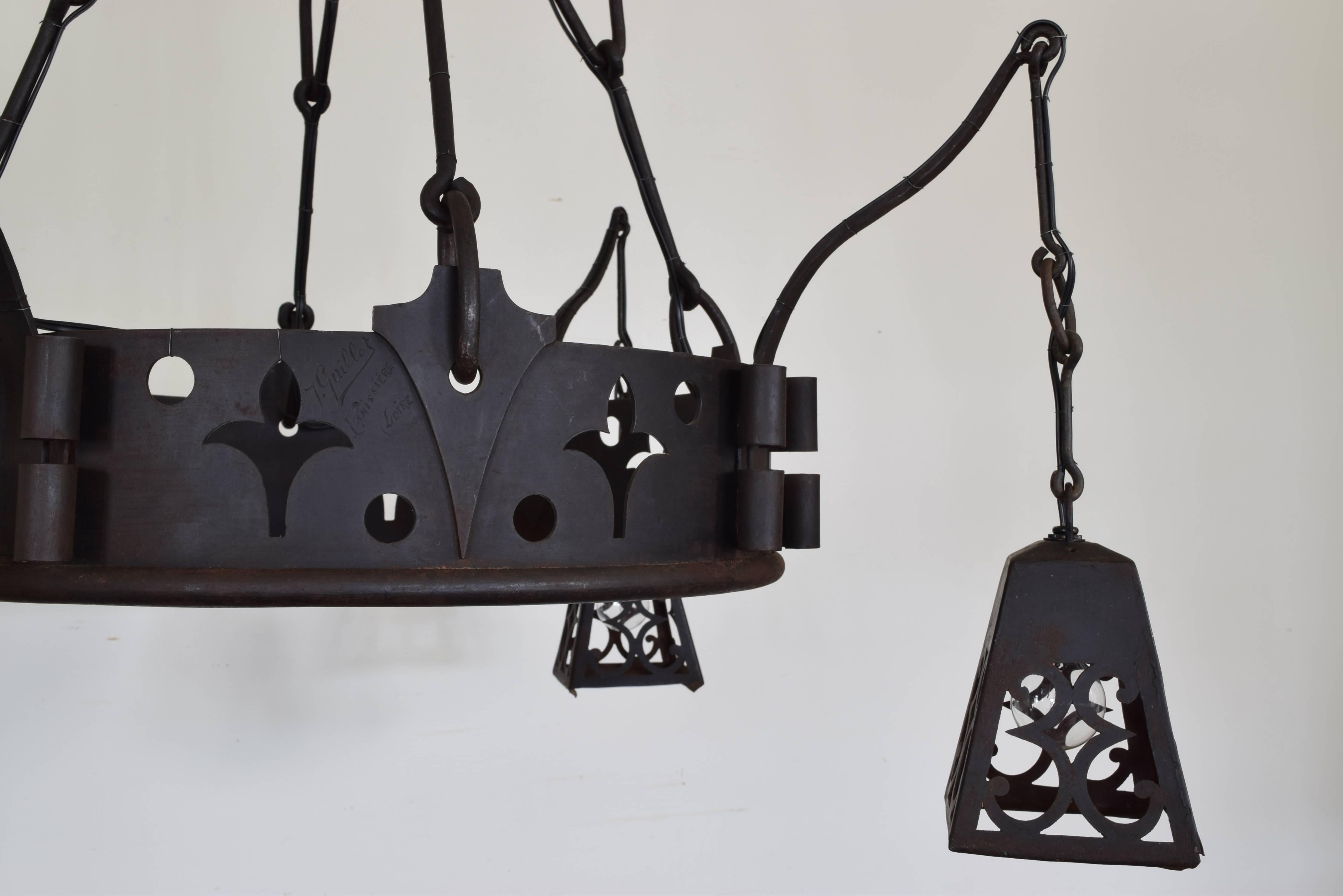 Arts and Crafts French Arts & Crafts Signed Wrought & Cast Iron Chandelier with Hanging Lantern