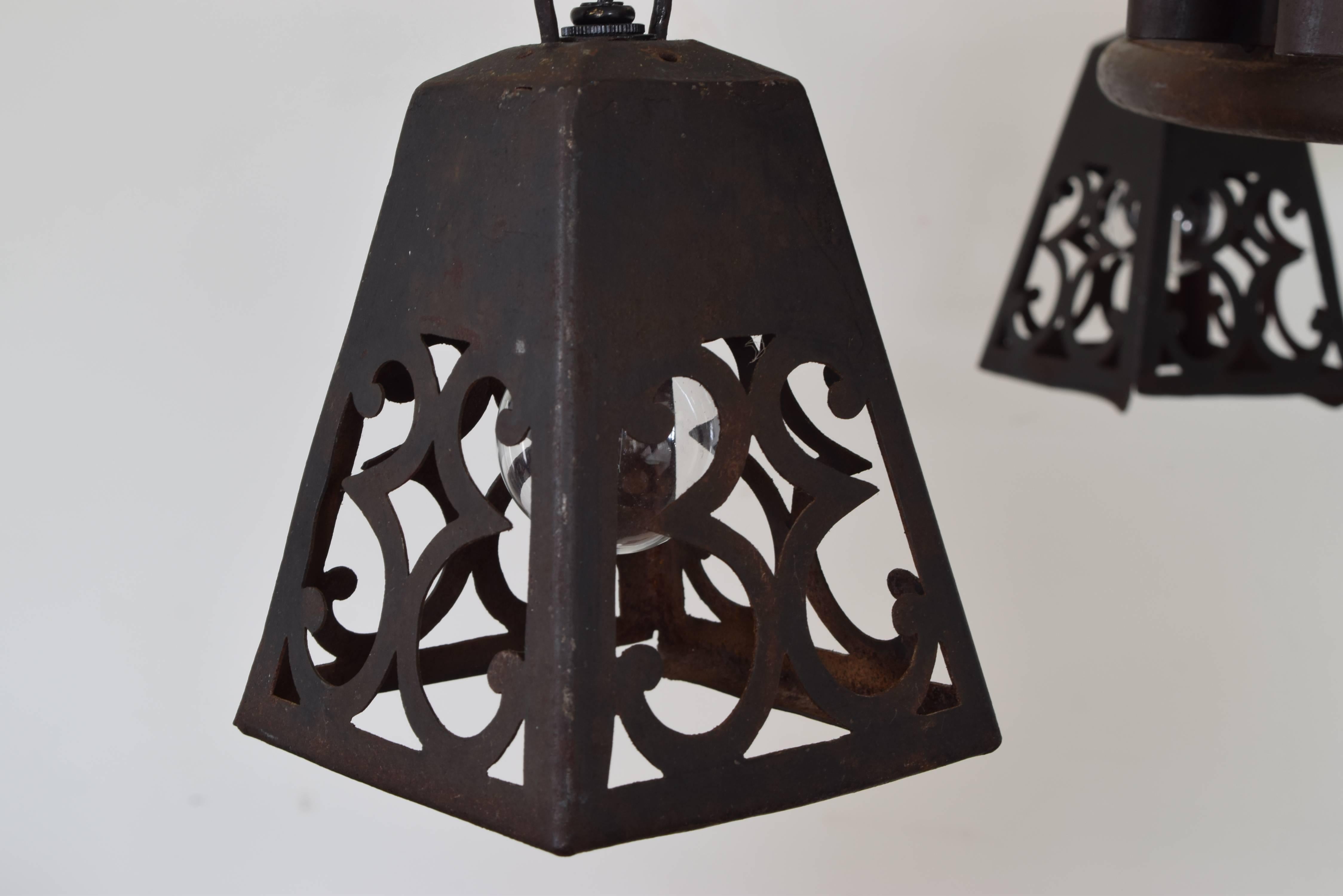 French Arts & Crafts Signed Wrought & Cast Iron Chandelier with Hanging Lantern In Excellent Condition In Atlanta, GA