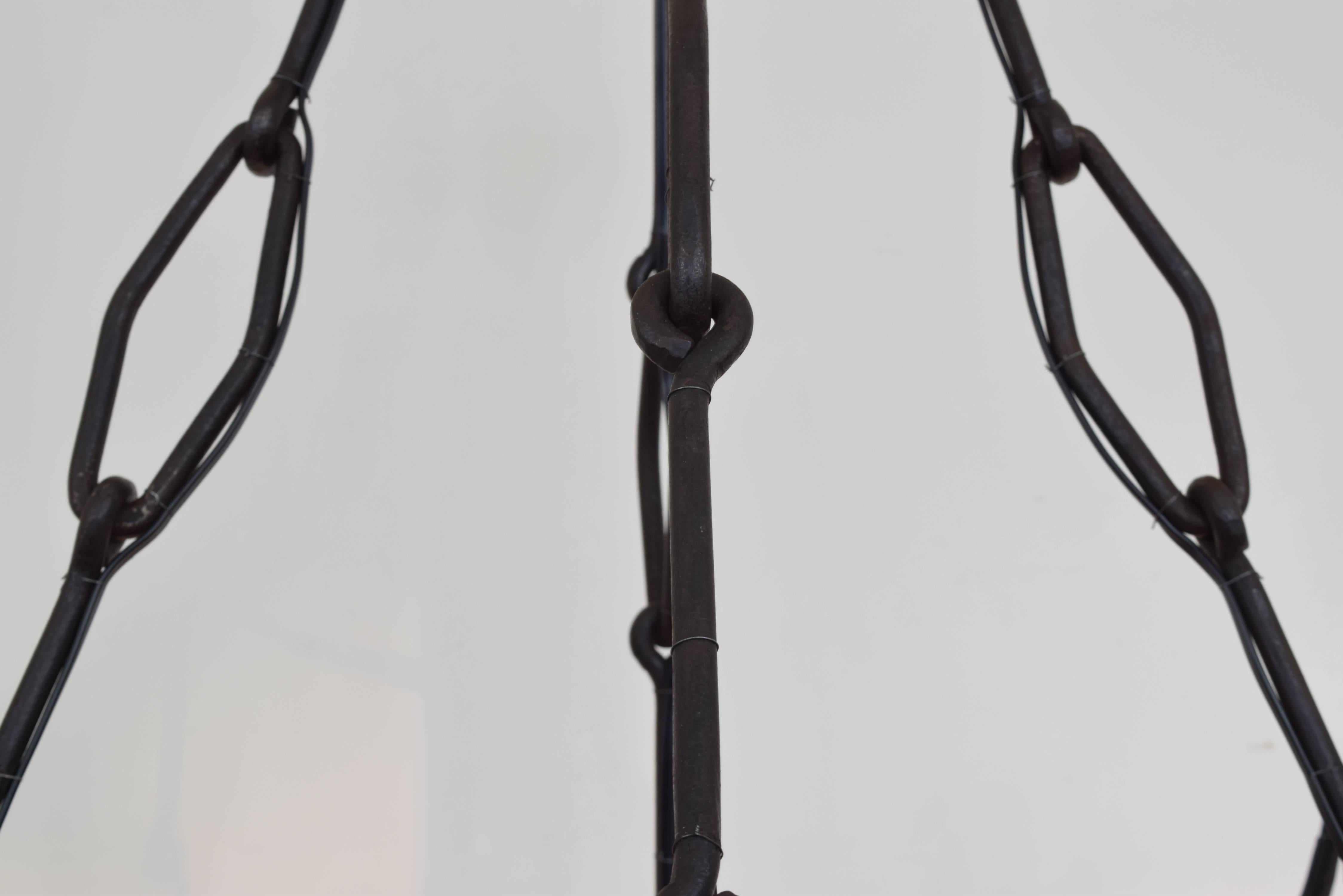 Wrought Iron French Arts & Crafts Signed Wrought & Cast Iron Chandelier with Hanging Lantern