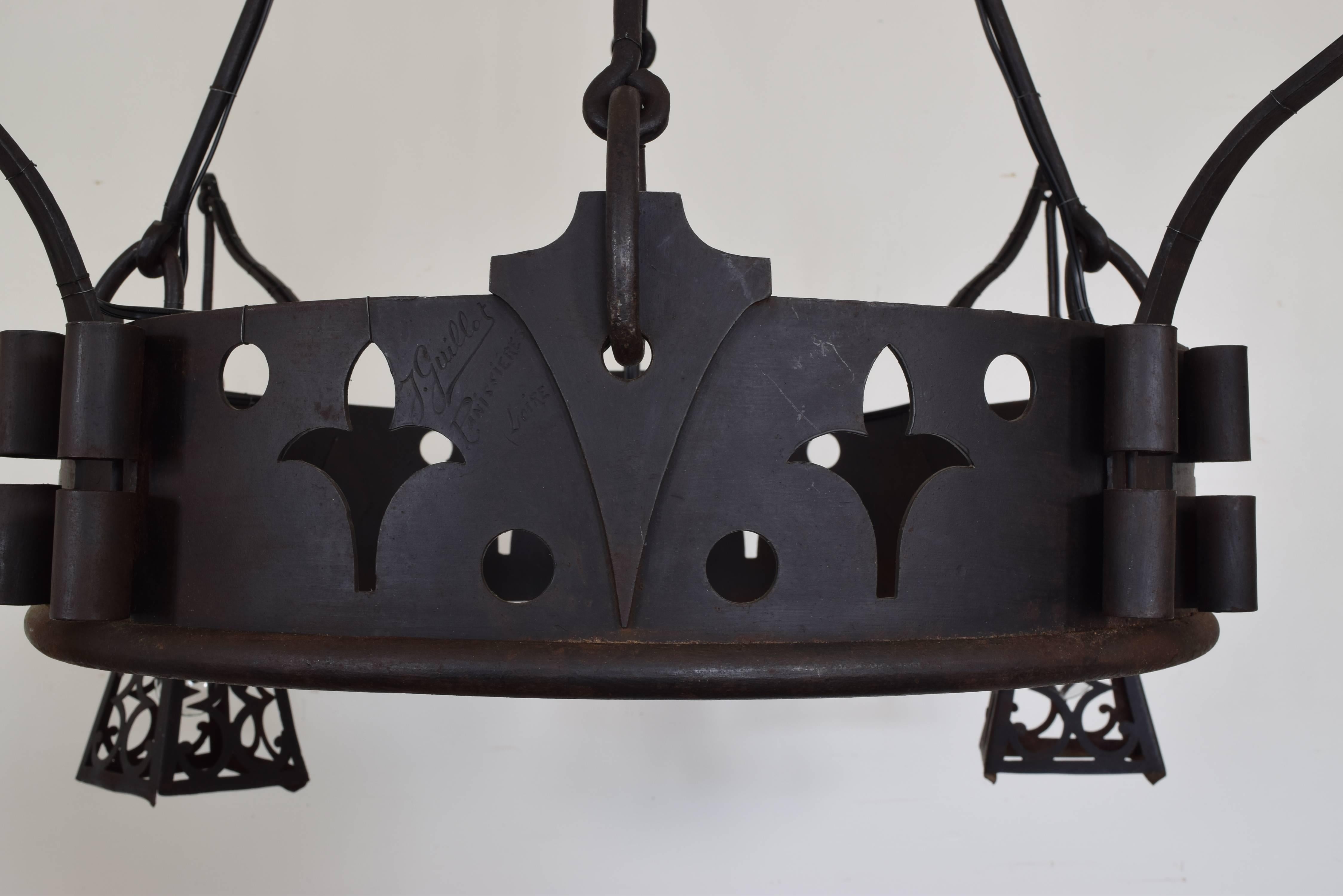 French Arts & Crafts Signed Wrought & Cast Iron Chandelier with Hanging Lantern 1