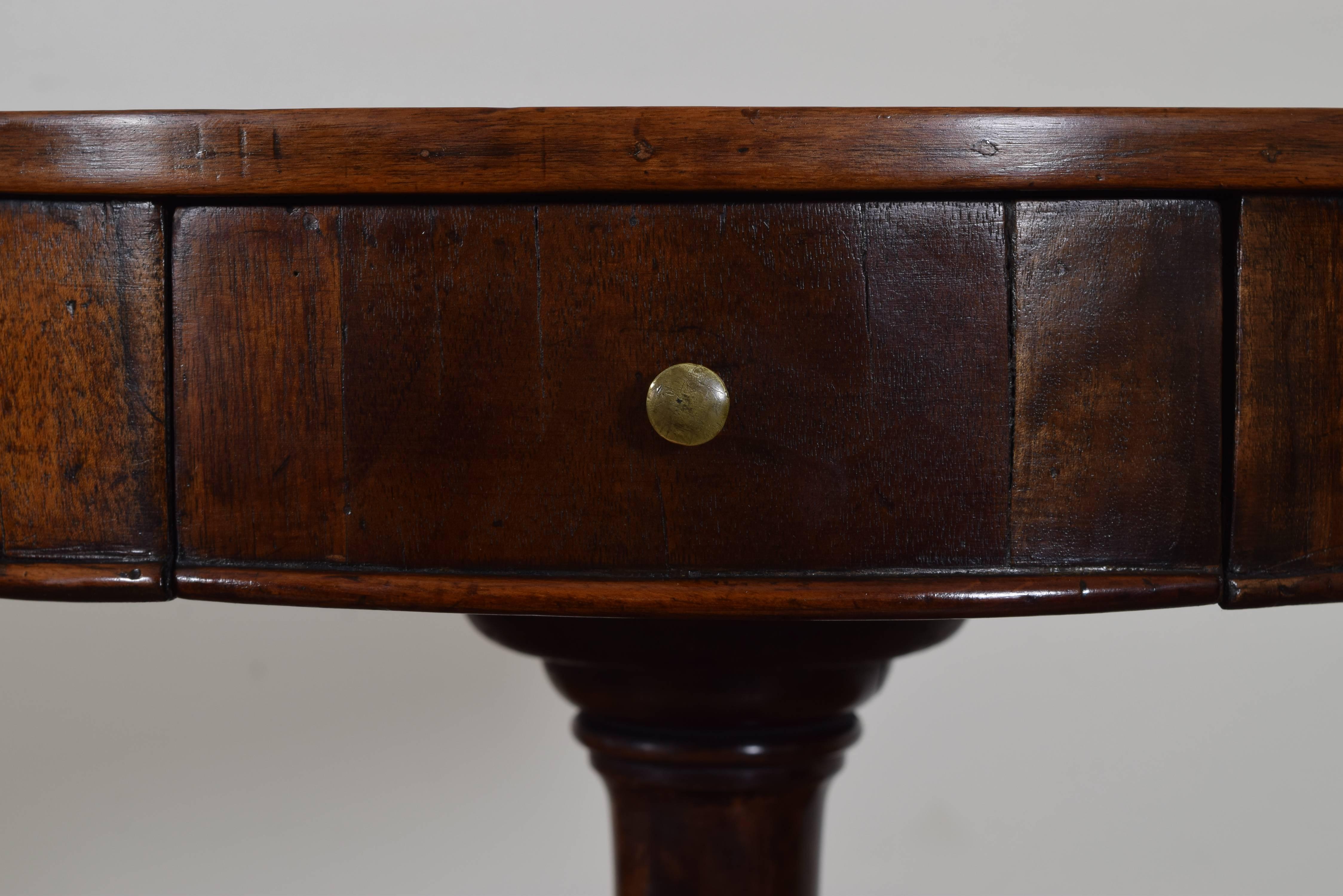 Italian Neoclassic Walnut and Inlaid One-Drawer Table on Six-Footed Base In Excellent Condition In Atlanta, GA