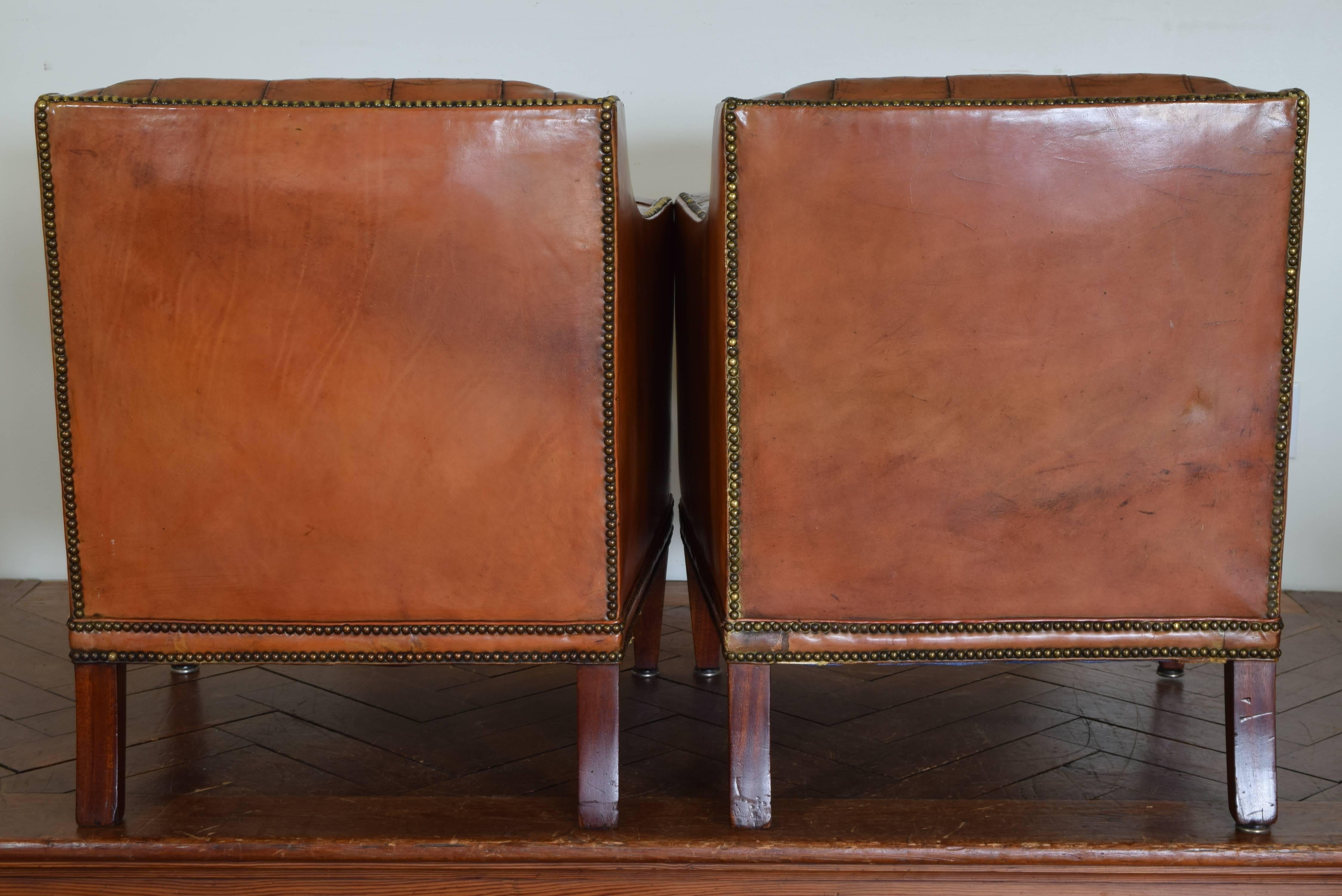 Pair of French Mahogany and Tufted Leather Upholstered Bergeres In Excellent Condition In Atlanta, GA