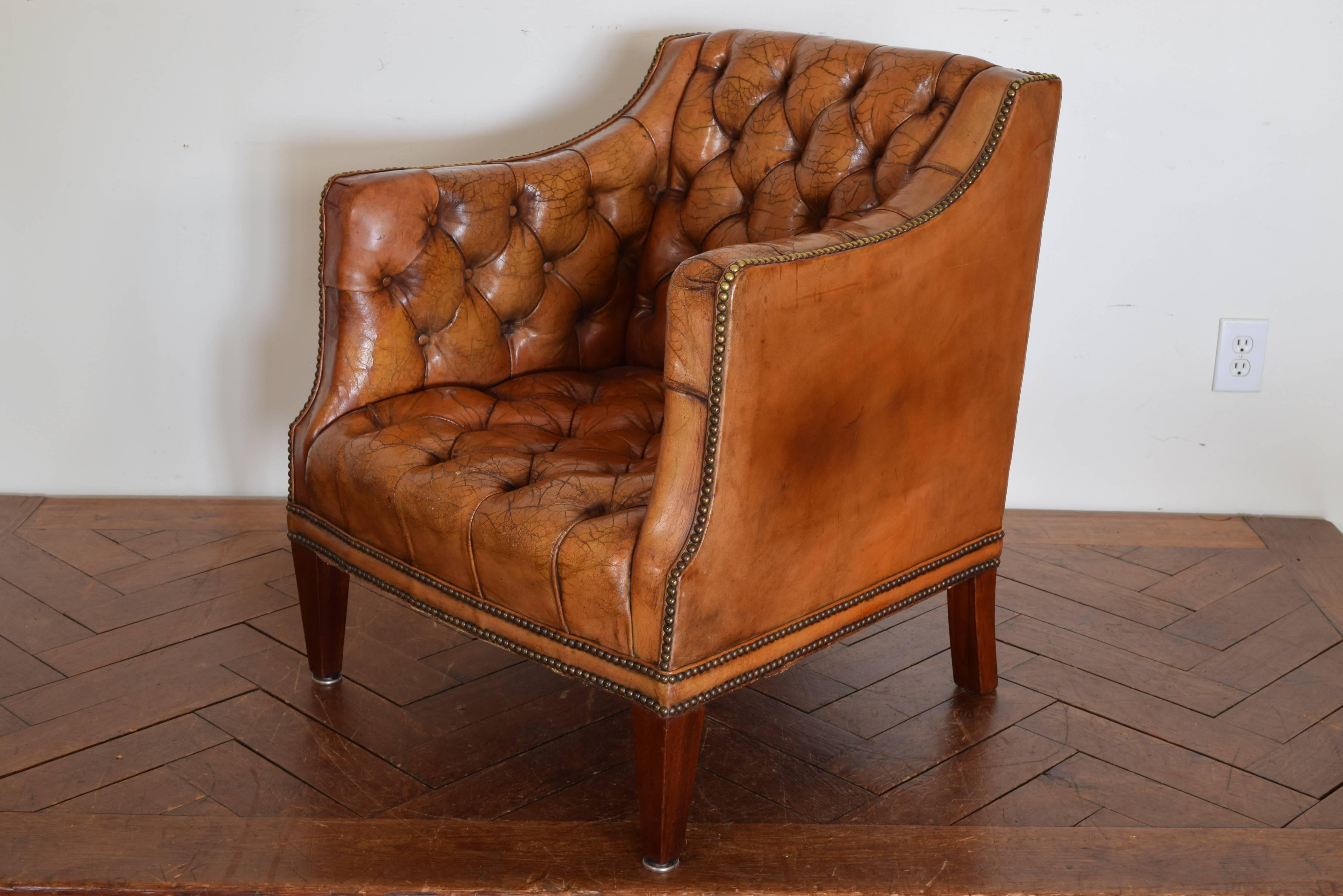 Mid-20th Century Pair of French Mahogany and Tufted Leather Upholstered Bergeres
