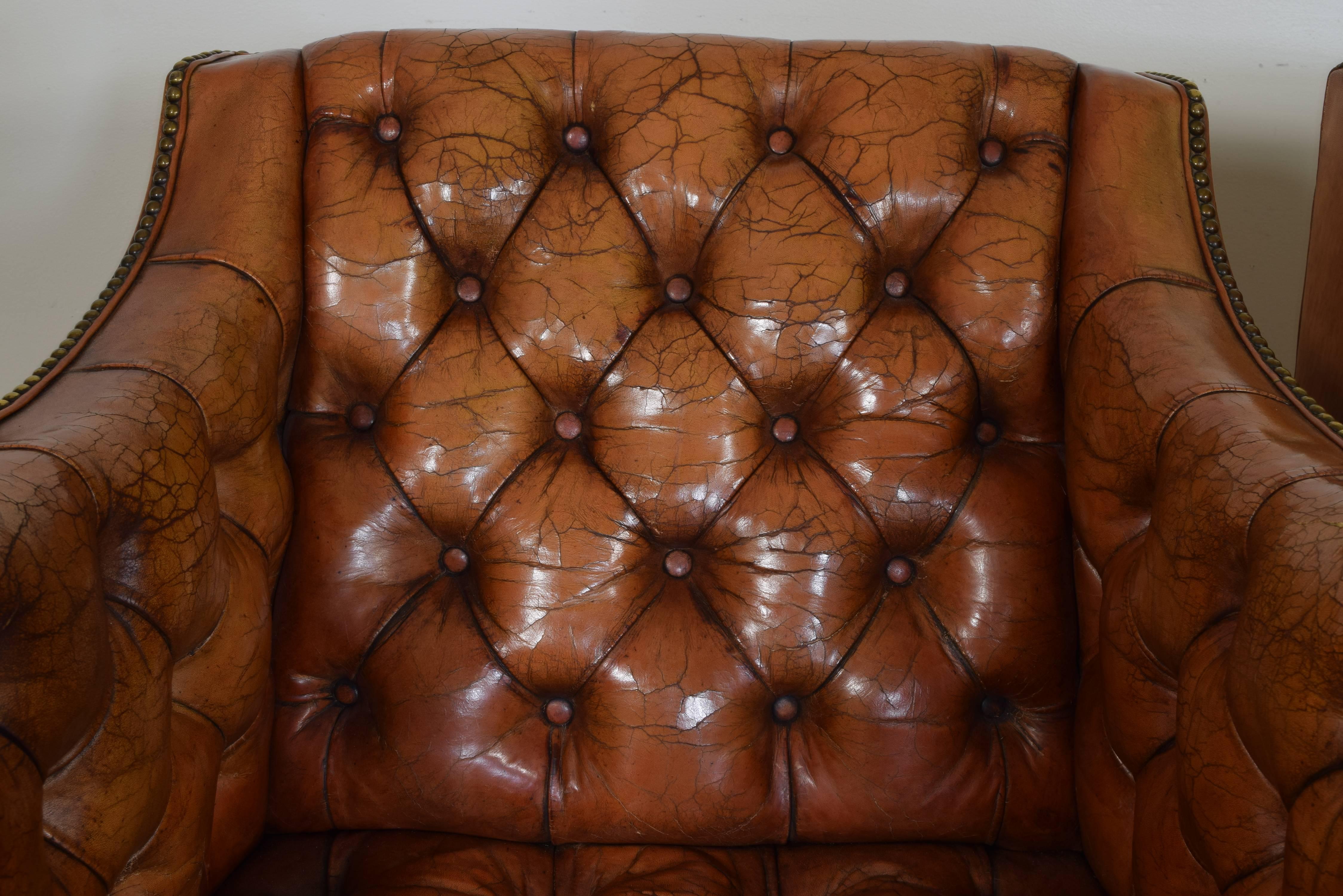 Pair of French Mahogany and Tufted Leather Upholstered Bergeres 1