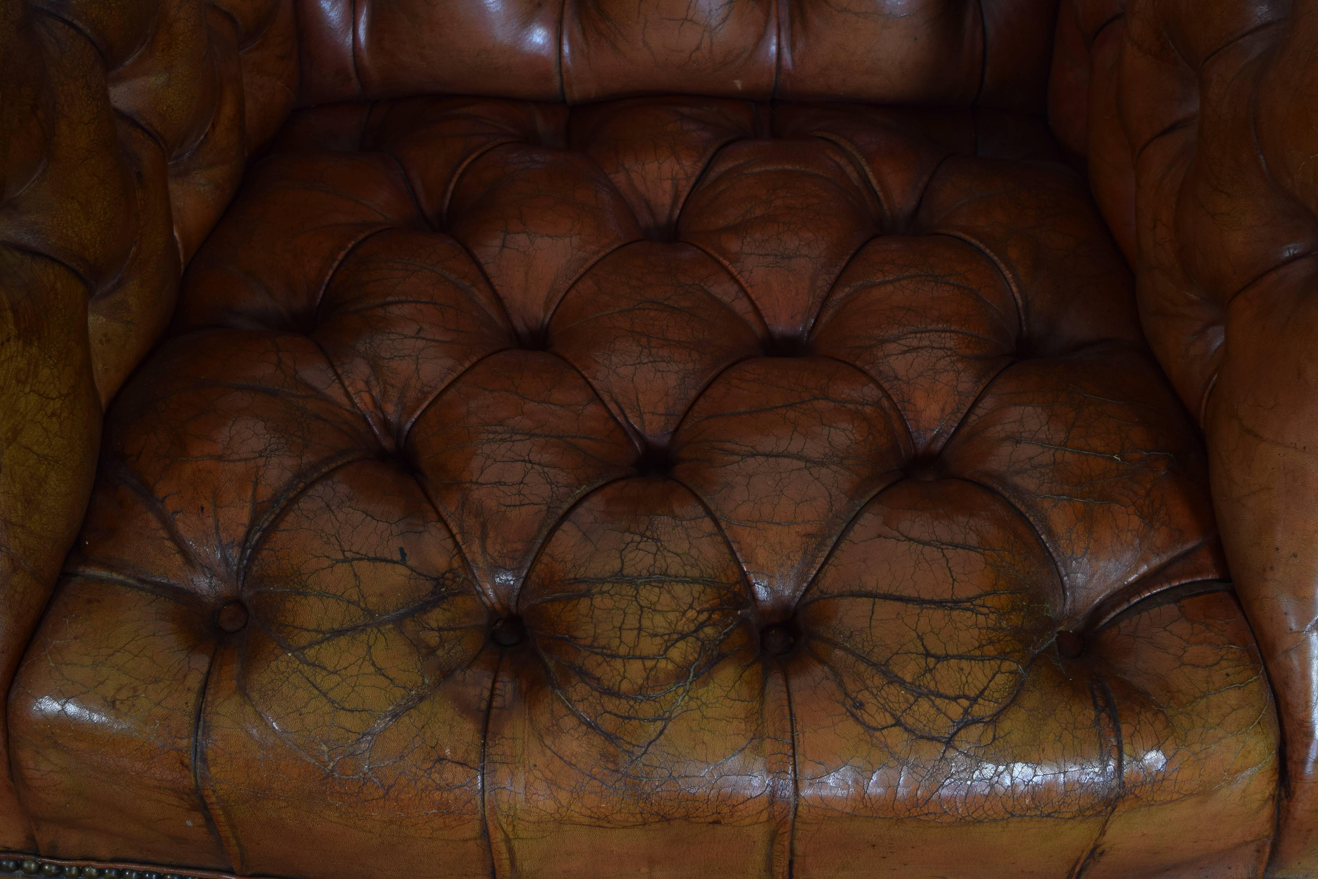 Pair of French Mahogany and Tufted Leather Upholstered Bergeres 2