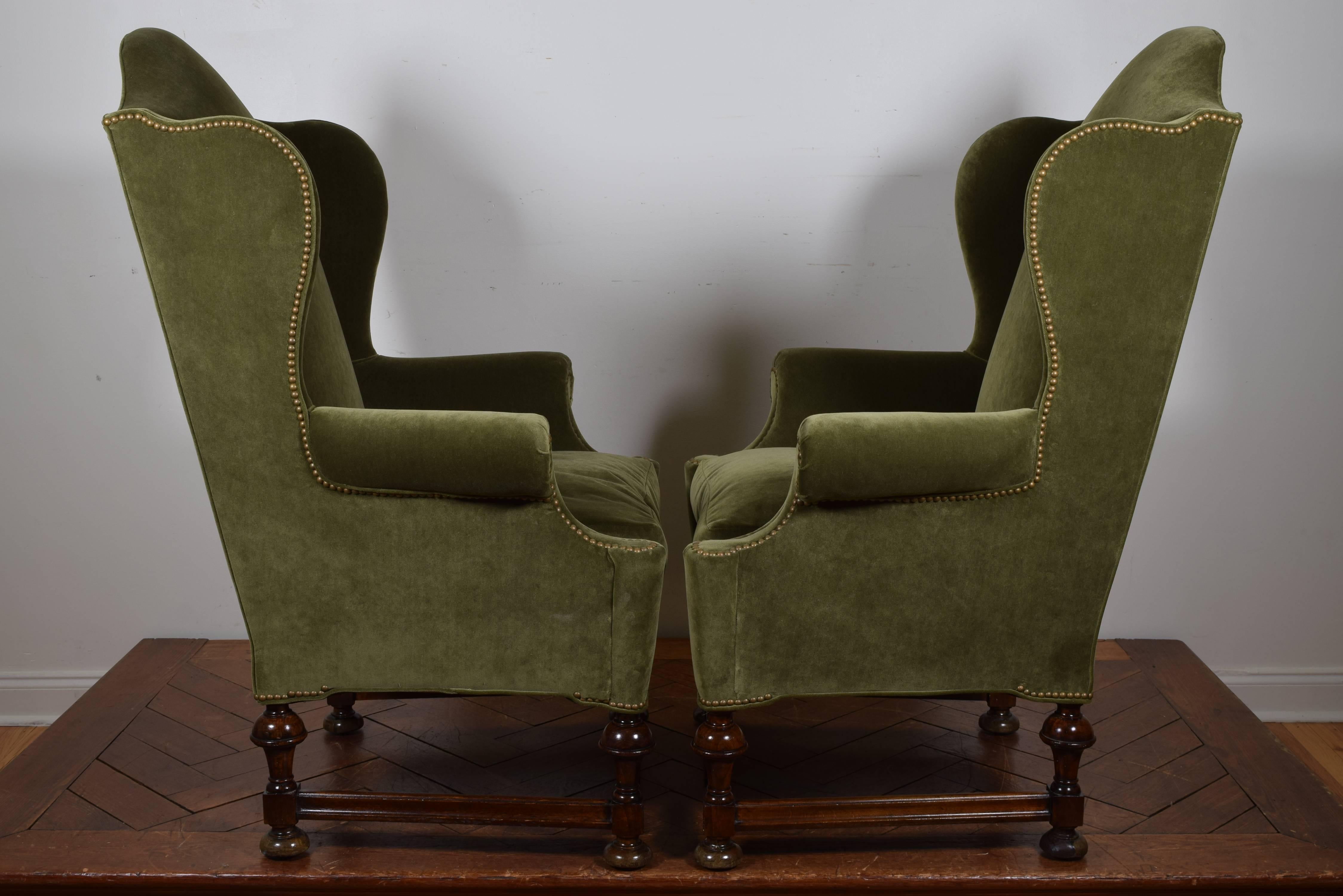 William and Mary Pair of William & Mary Style Carved Wood & Upholstered Wing Chairs, 19th Century