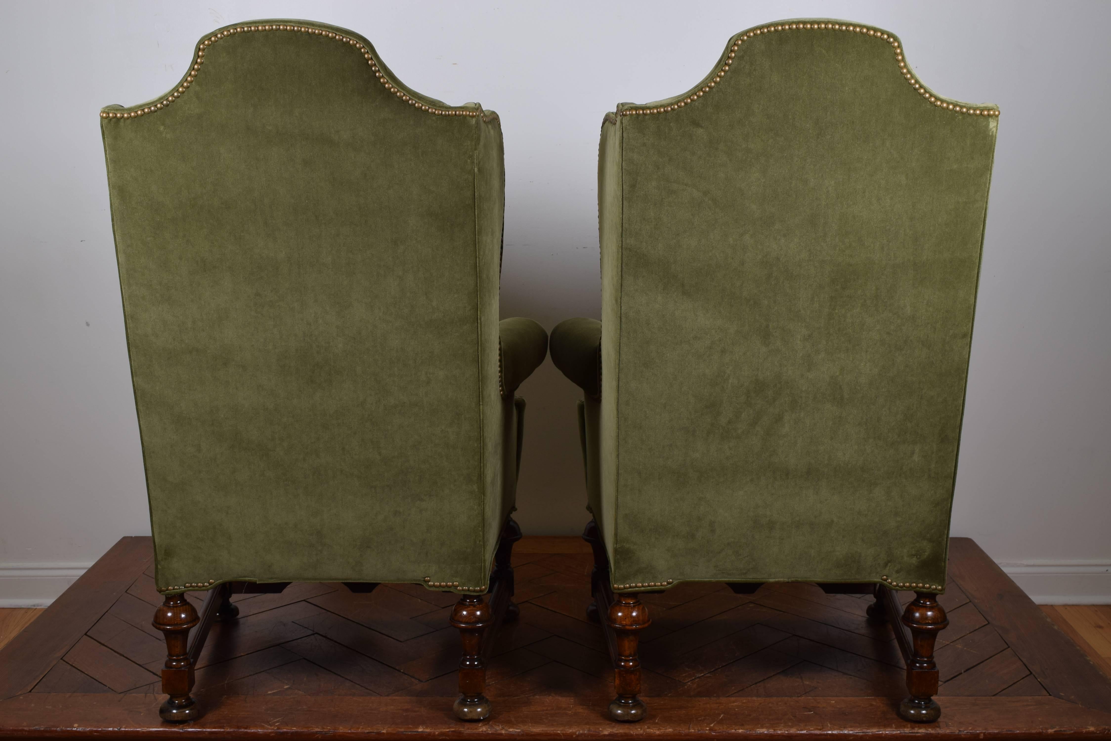 British Pair of William & Mary Style Carved Wood & Upholstered Wing Chairs, 19th Century