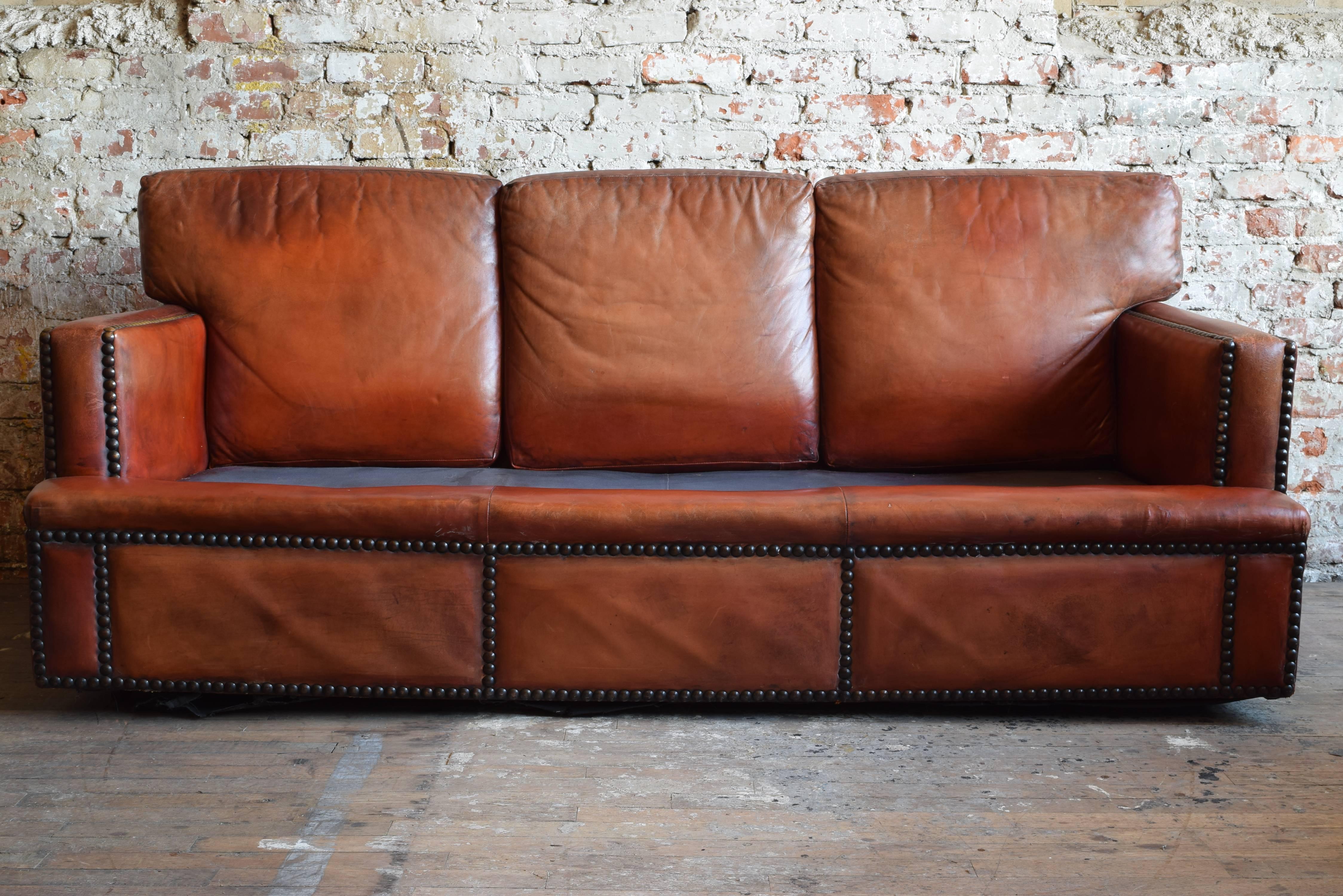 English Leather Upholstered and Nailhead Decorated Sofa, Mid-20th Century 2