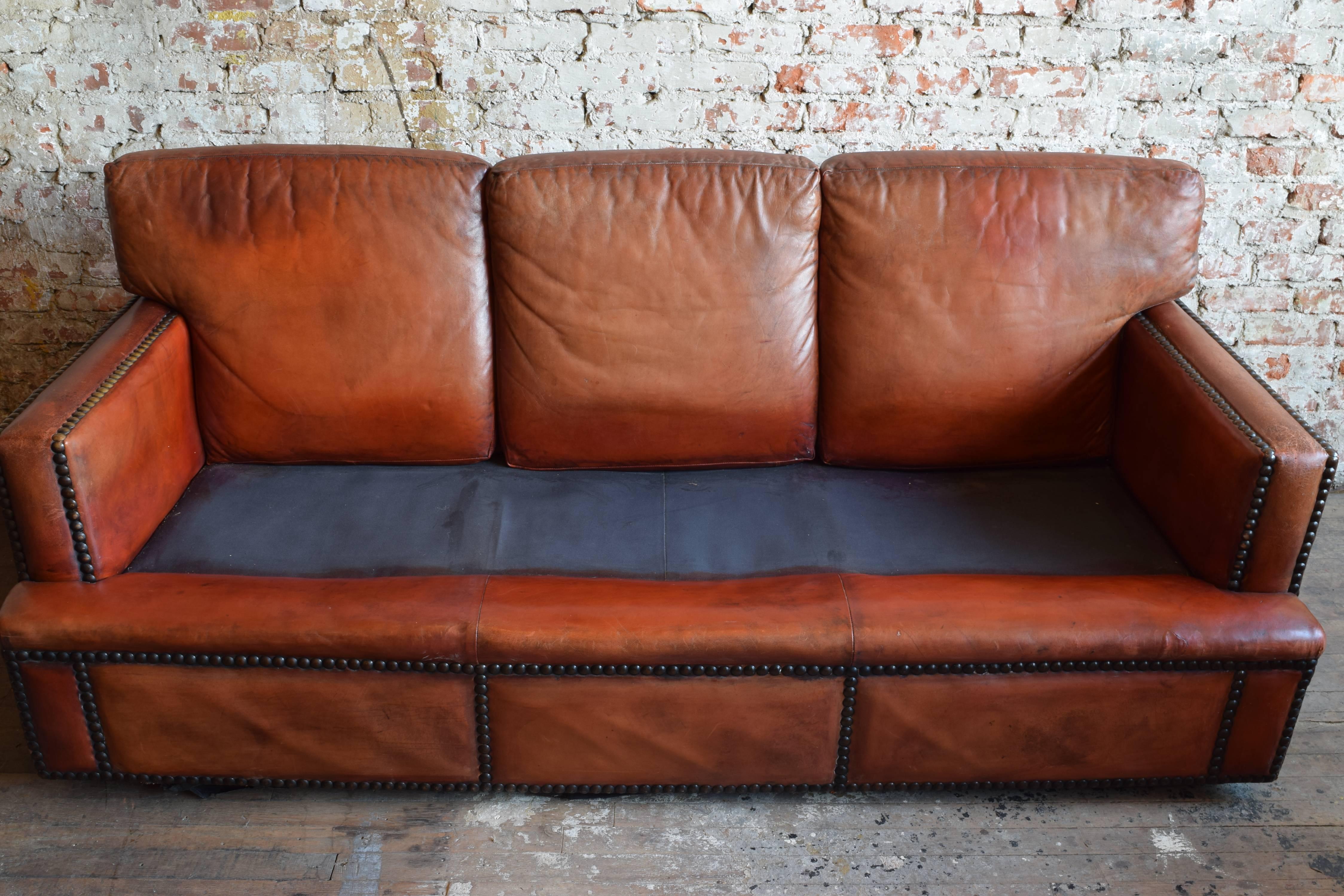 English Leather Upholstered and Nailhead Decorated Sofa, Mid-20th Century 3