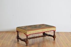French Louis XIV Style Turned Walnut & Upholstered Bench, mid 19th century
