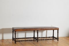 Italian, Piemontese, LXIV Period Turned Walnut & Leather Upholstered Bench, 1730