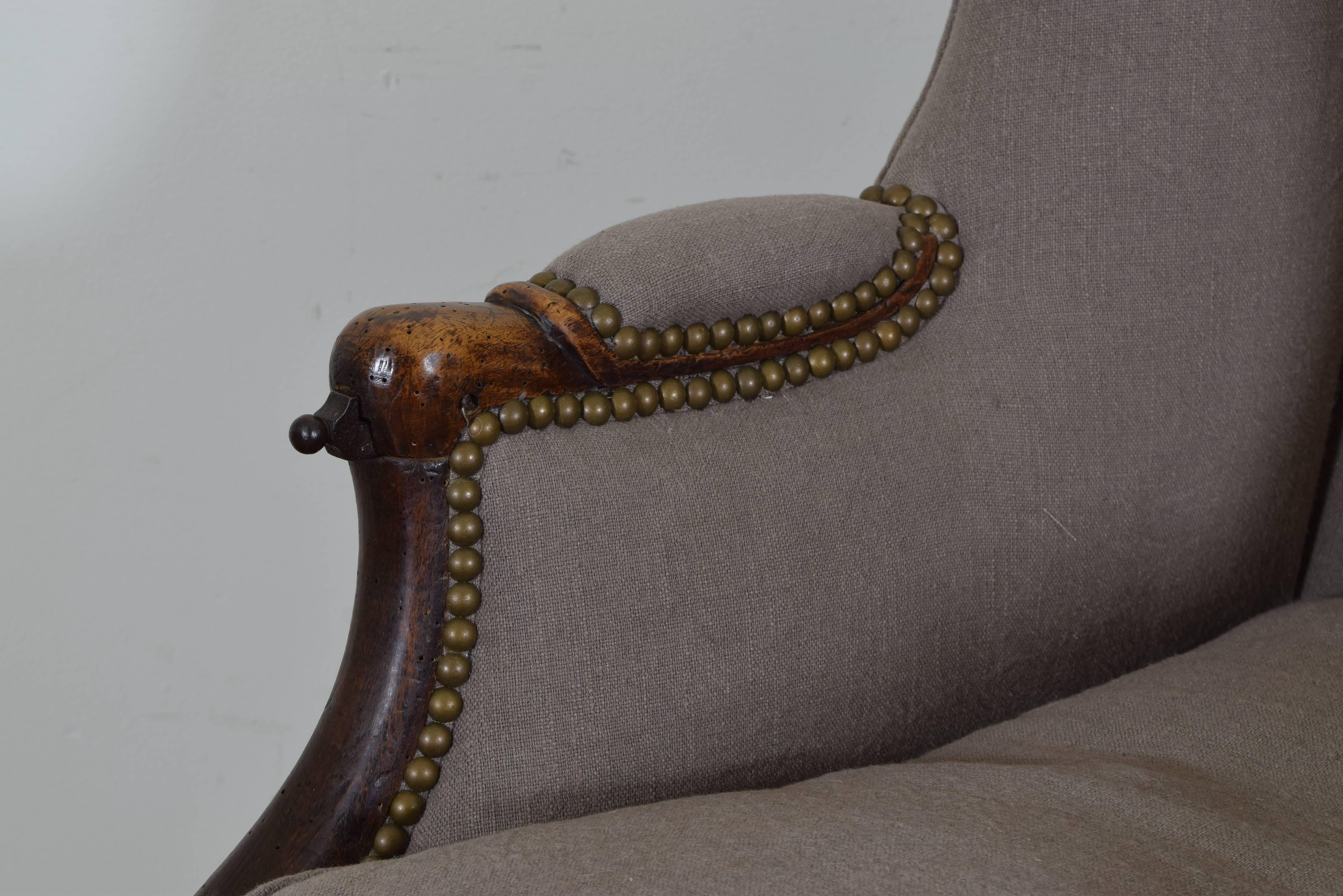 Louis XV Provincial Walnut and Upholstered Bergere, Iron Slides, 18th Century 2